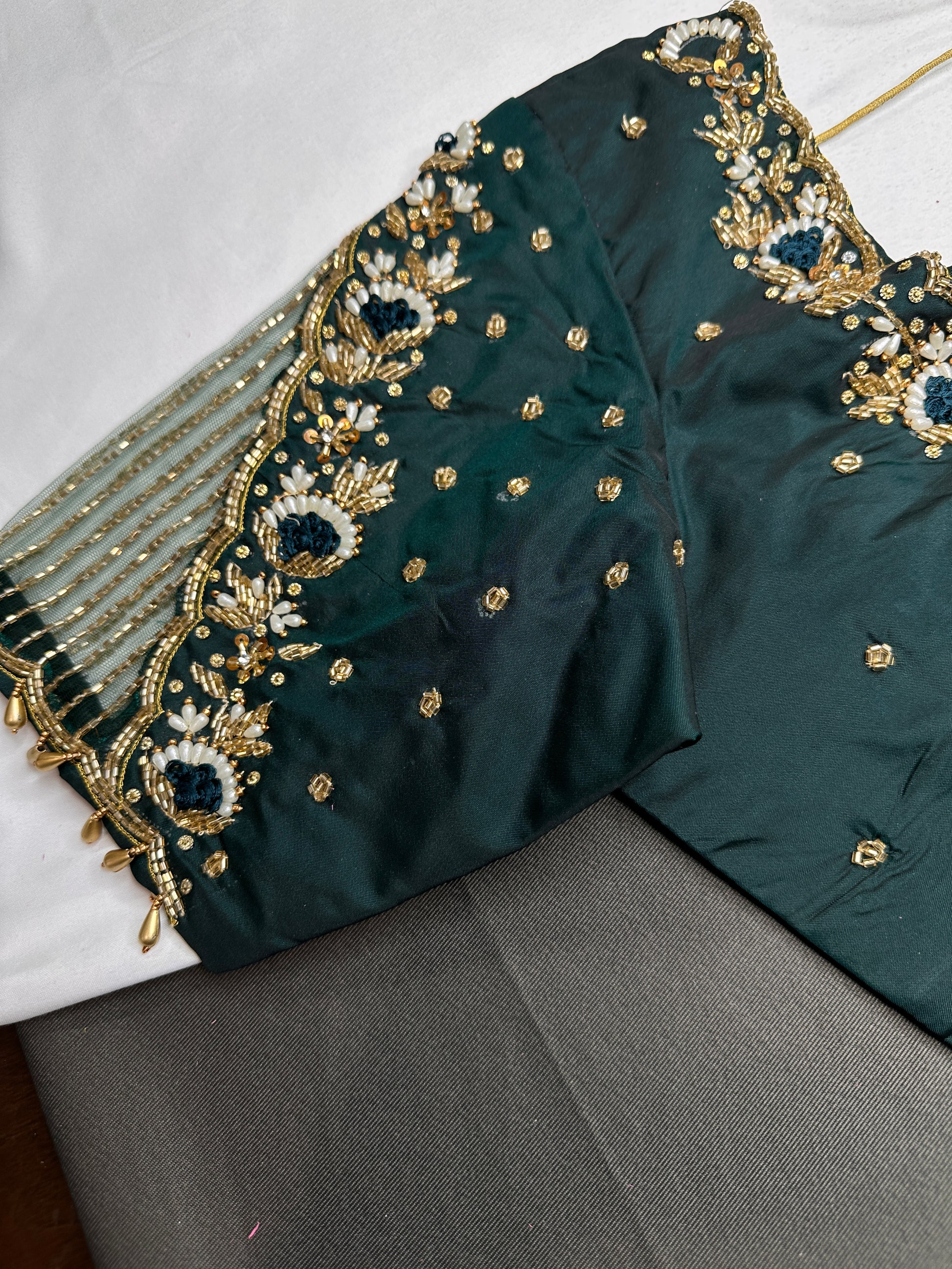 Green Silk Maggam Aari Work Blouse - 