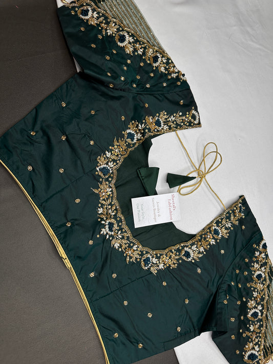 Green Silk Maggam Aari Work Blouse - 