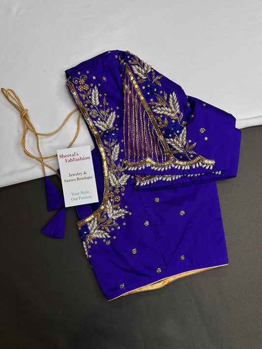 Blue Silk Maggam Aari Work Blouse - 