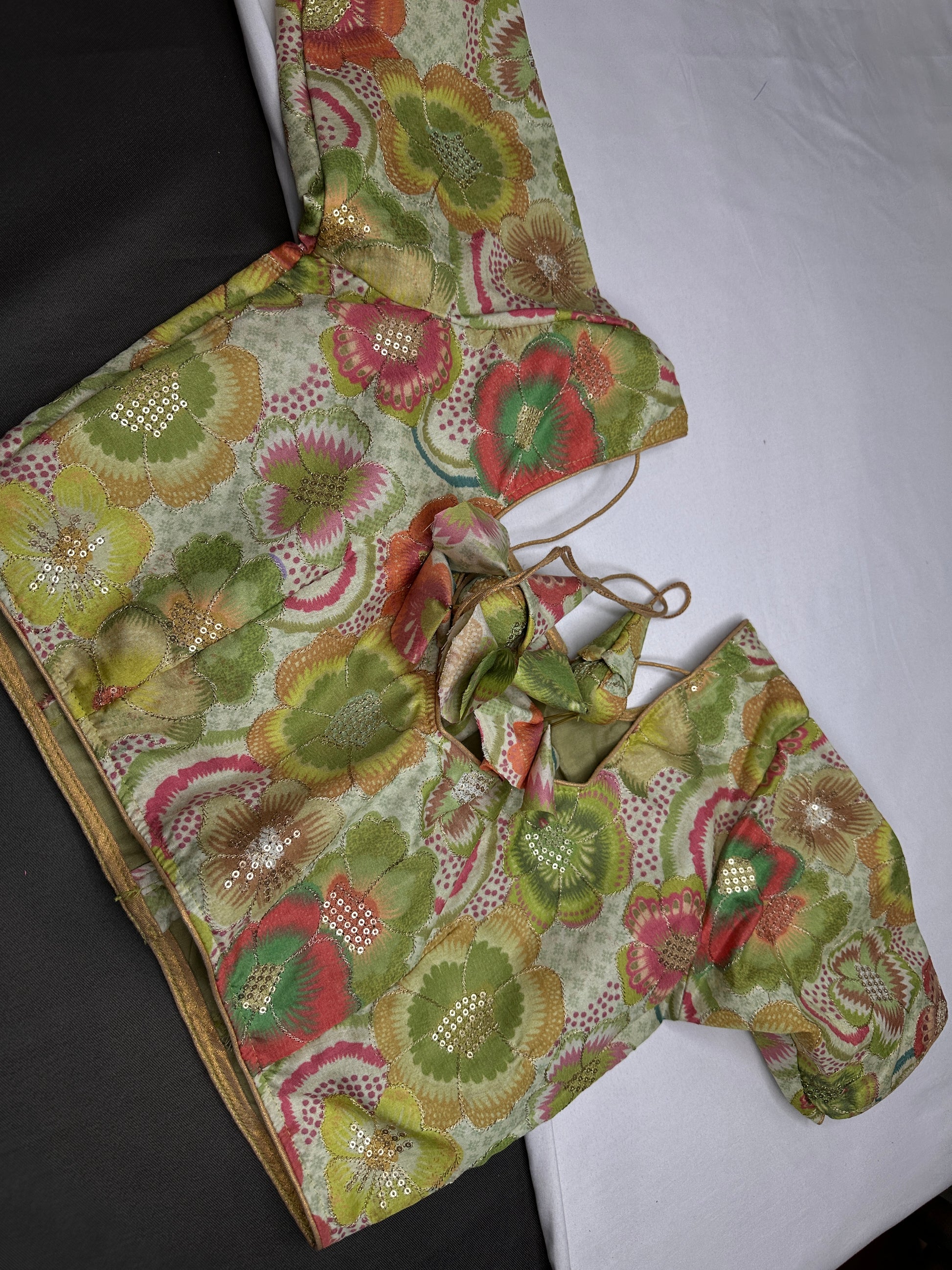 Green Floral Multi Kalmakari Printed Silk Blouse - 