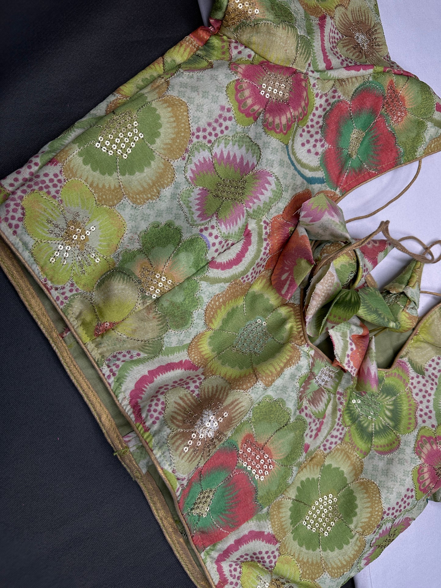 Green Floral Multi Kalmakari Printed Silk Blouse - 