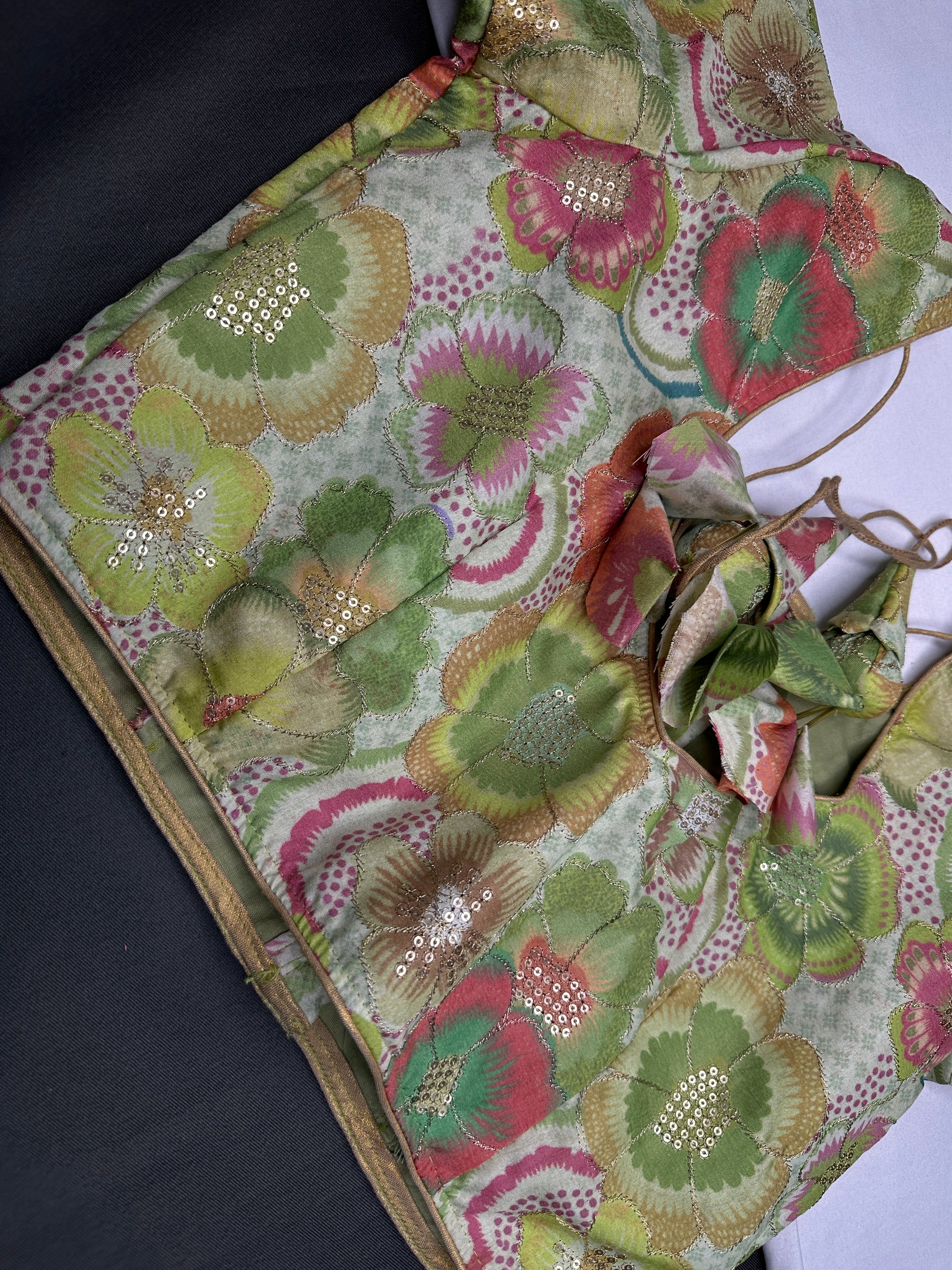 Green Floral Multi Kalmakari Printed Silk Blouse - 
