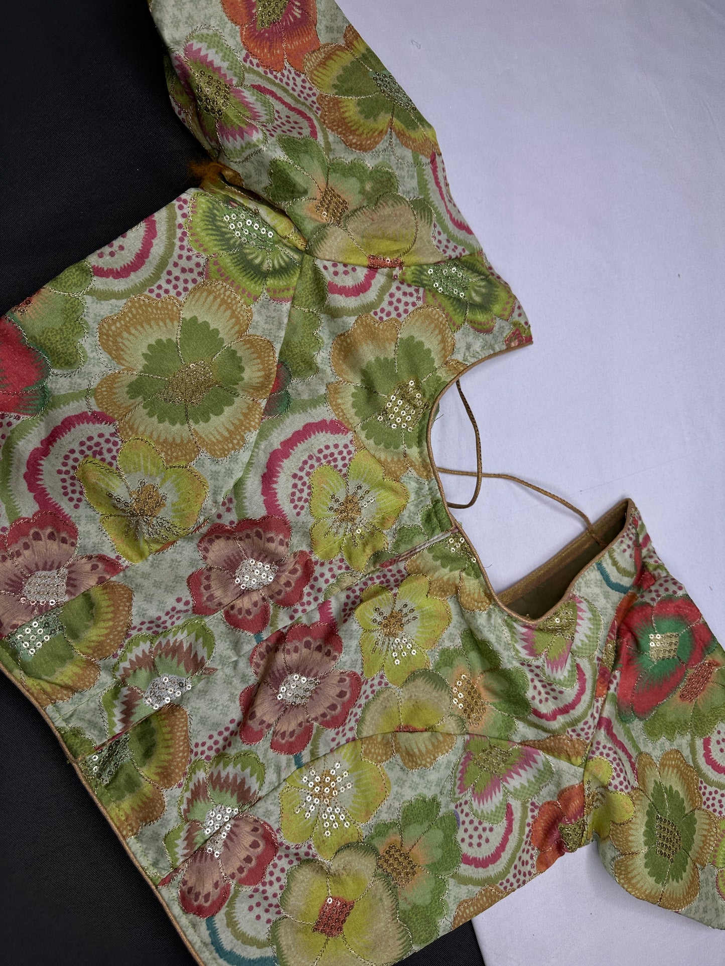 Green Floral Multi Kalmakari Printed Silk Blouse - 