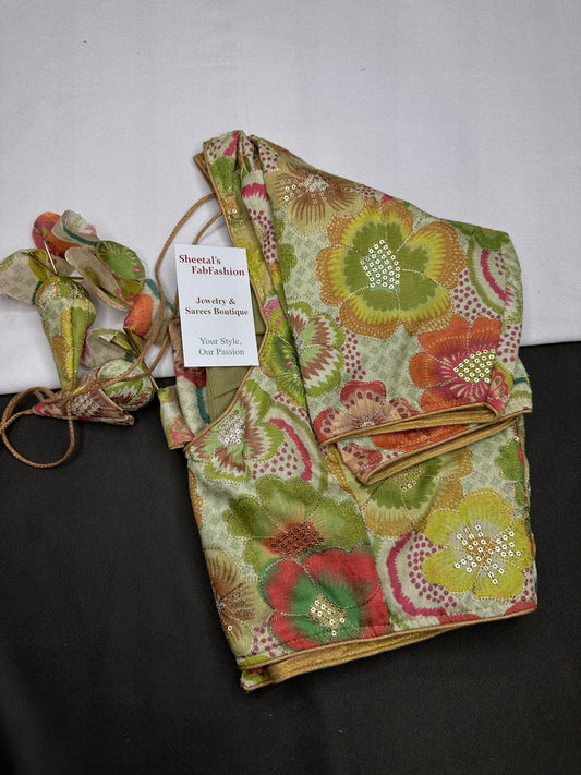 Green Floral Multi Kalmakari Printed Silk Blouse - 