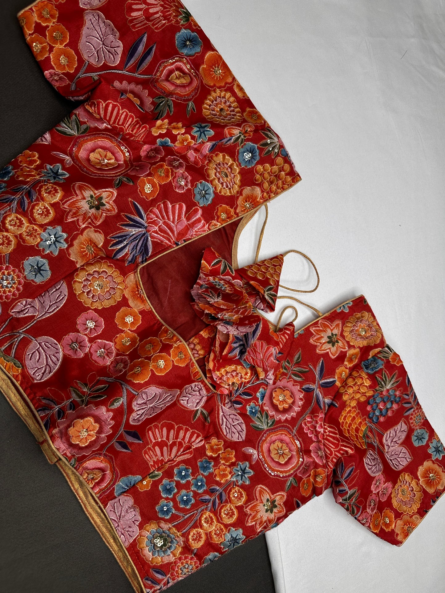 Red Floral Multi Kalmakari Printed Silk Blouse - 
