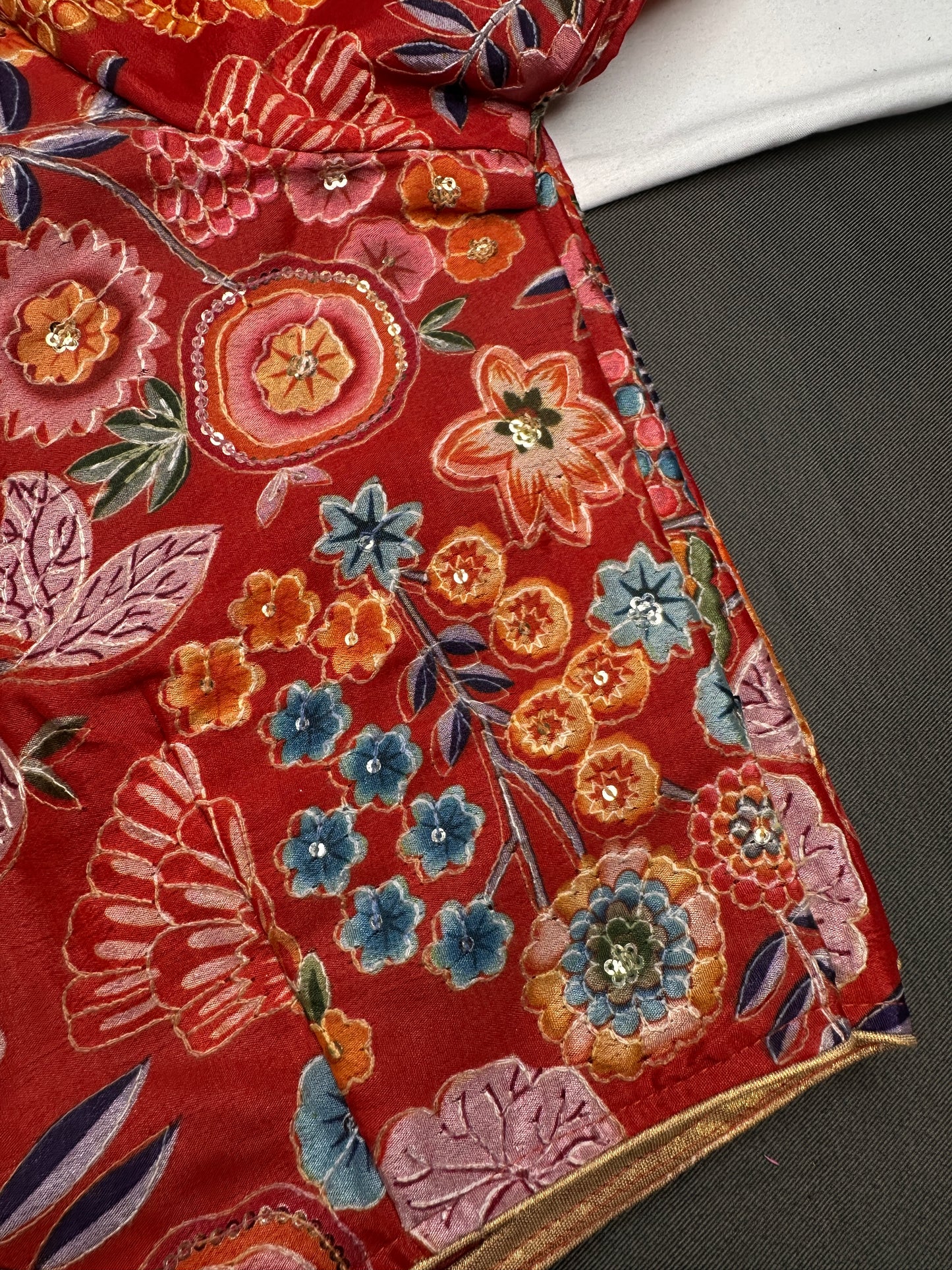 Red Floral Multi Kalmakari Printed Silk Blouse - 