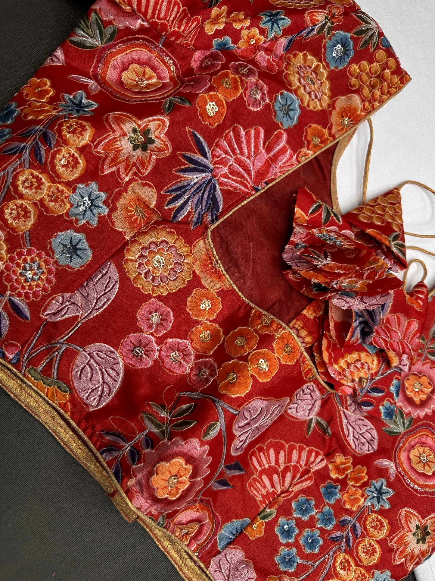 Red Floral Multi Kalmakari Printed Silk Blouse - 