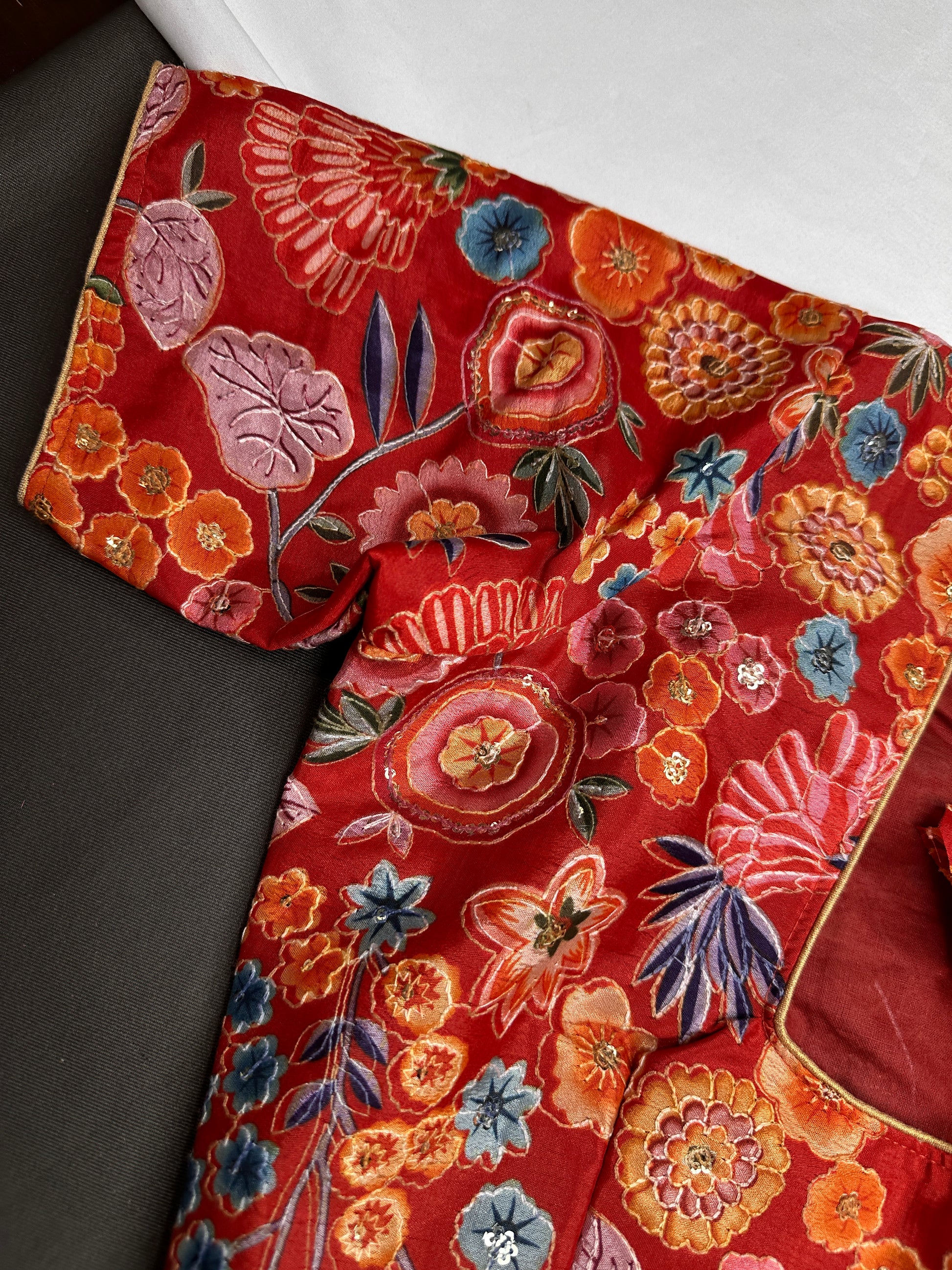 Red Floral Multi Kalmakari Printed Silk Blouse - 
