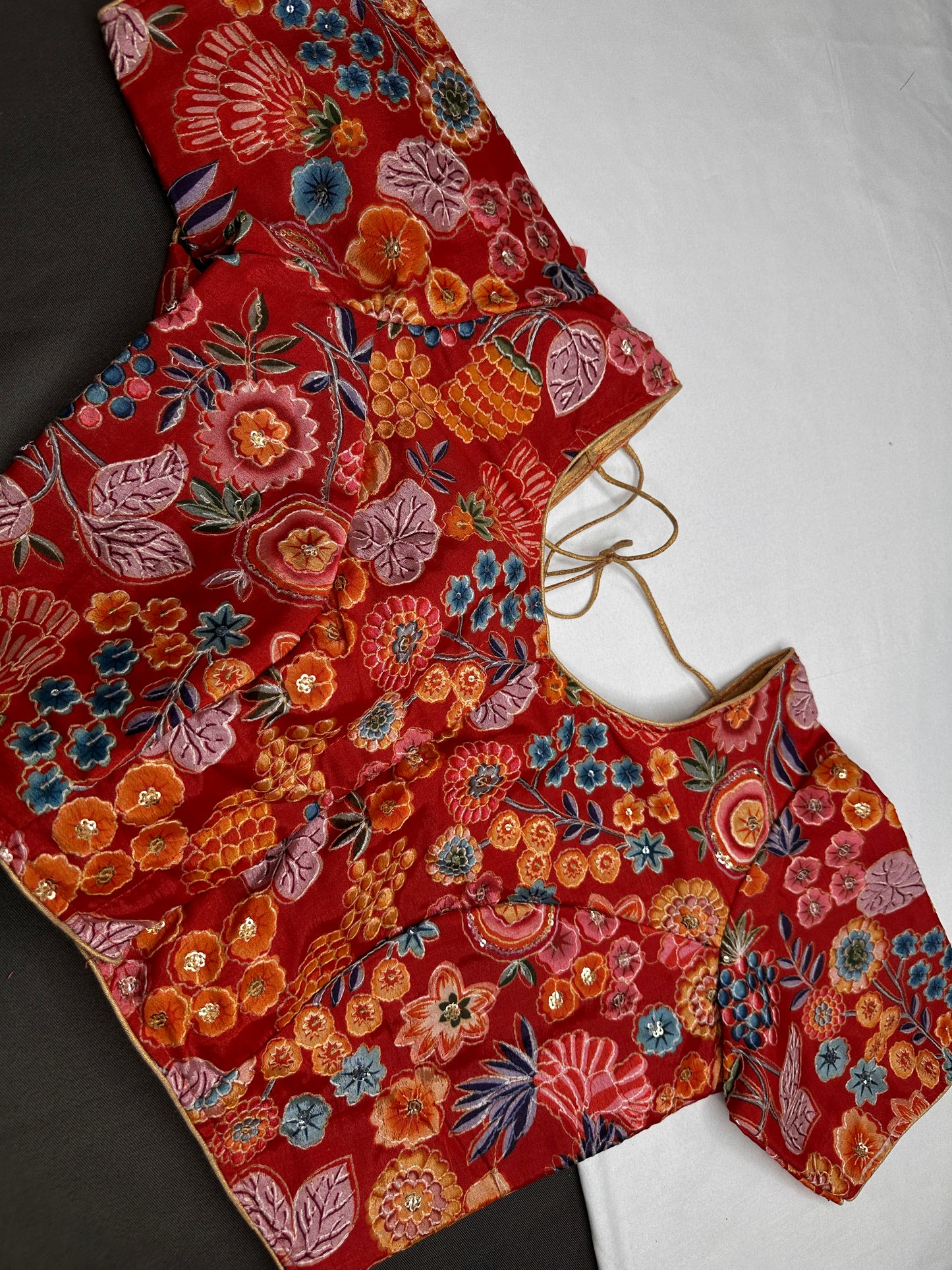 Red Floral Multi Kalmakari Printed Silk Blouse - 