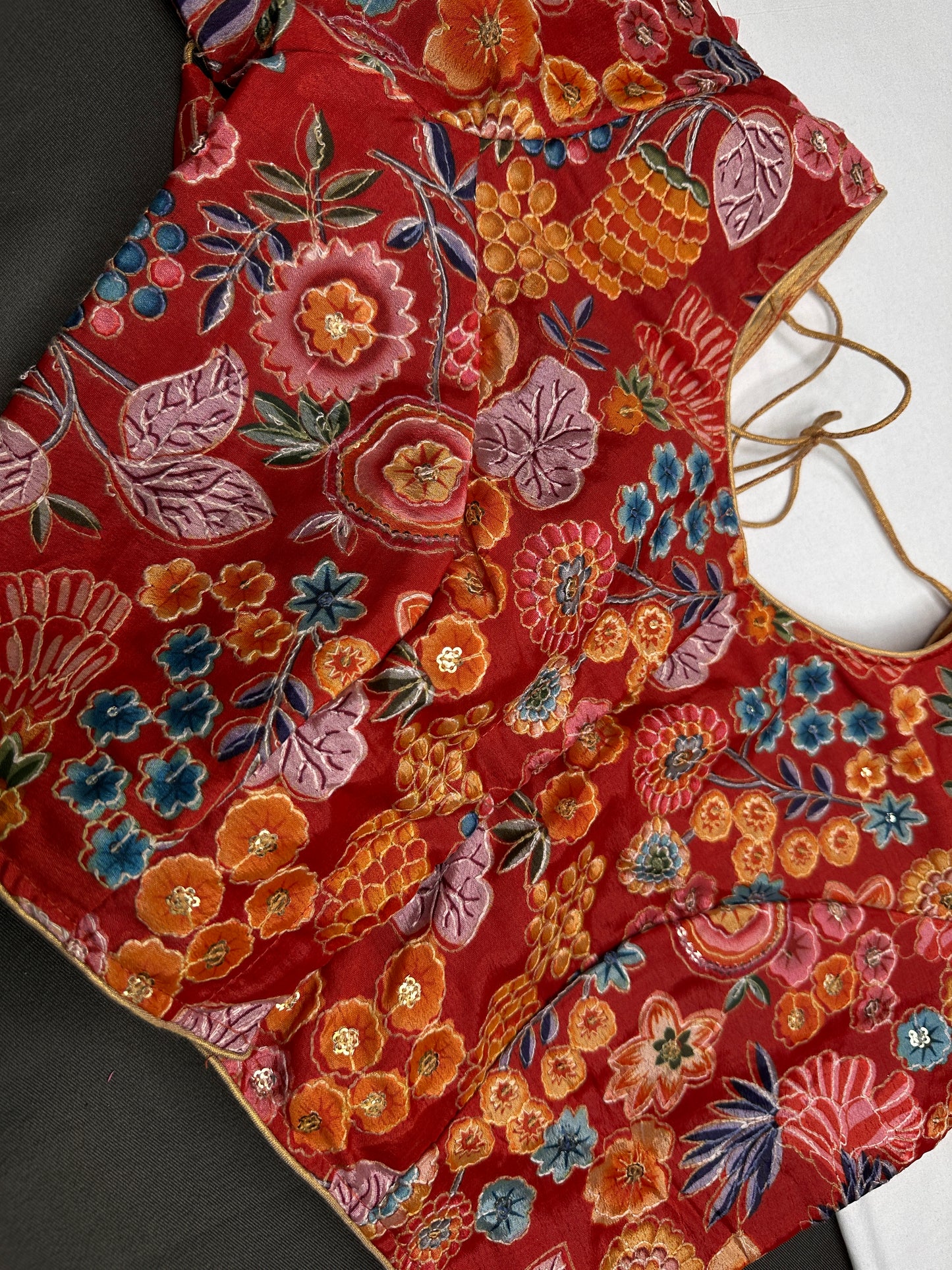 Red Floral Multi Kalmakari Printed Silk Blouse - 