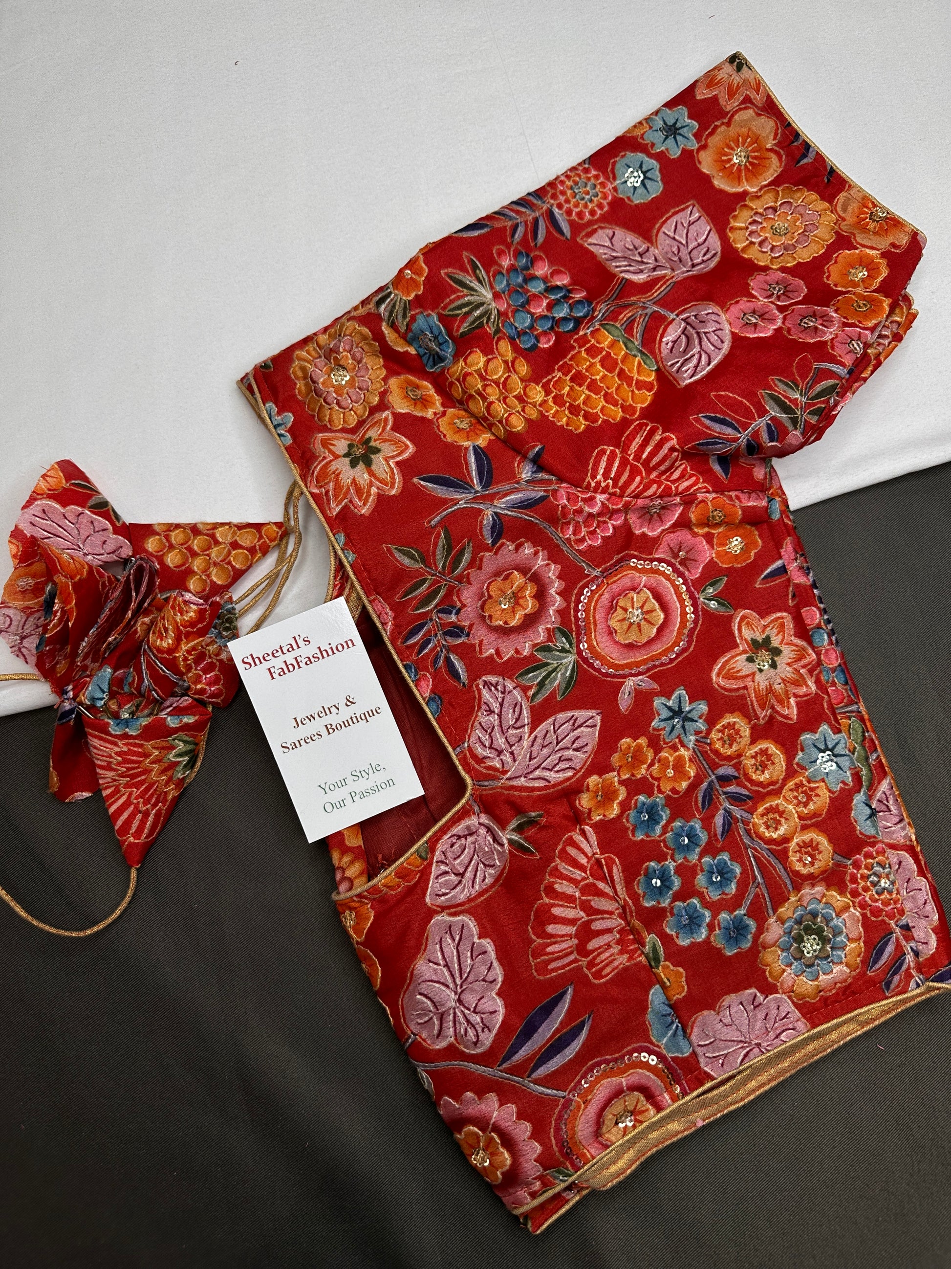Red Floral Multi Kalmakari Printed Silk Blouse - 