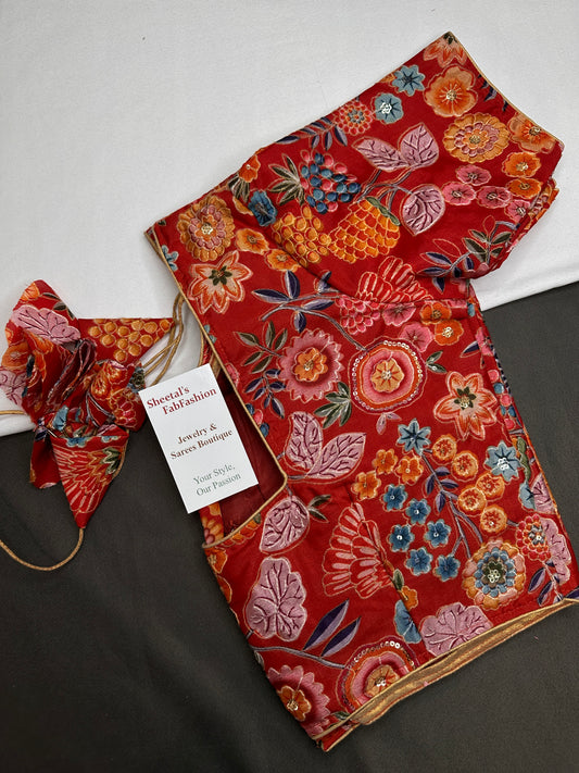 Red Floral Multi Kalmakari Printed Silk Blouse - 