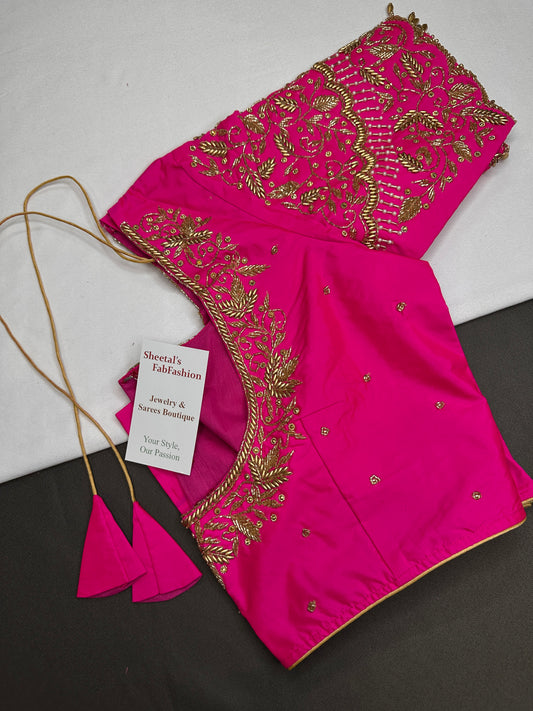 Pink Silk Maggam Aari Work Blouse - 
