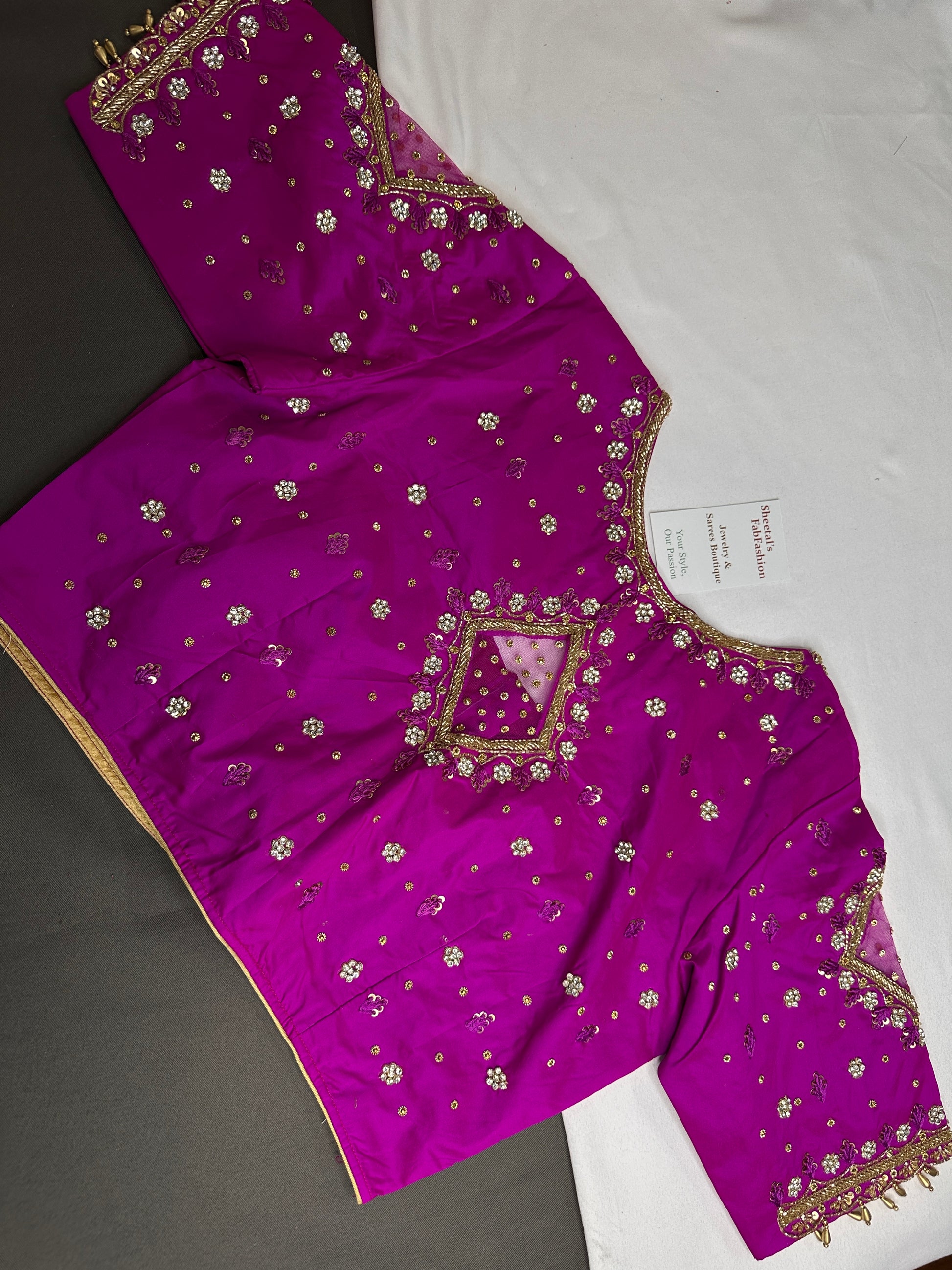 Magenta Pink Net Silk Maggam Aari Blouse - 