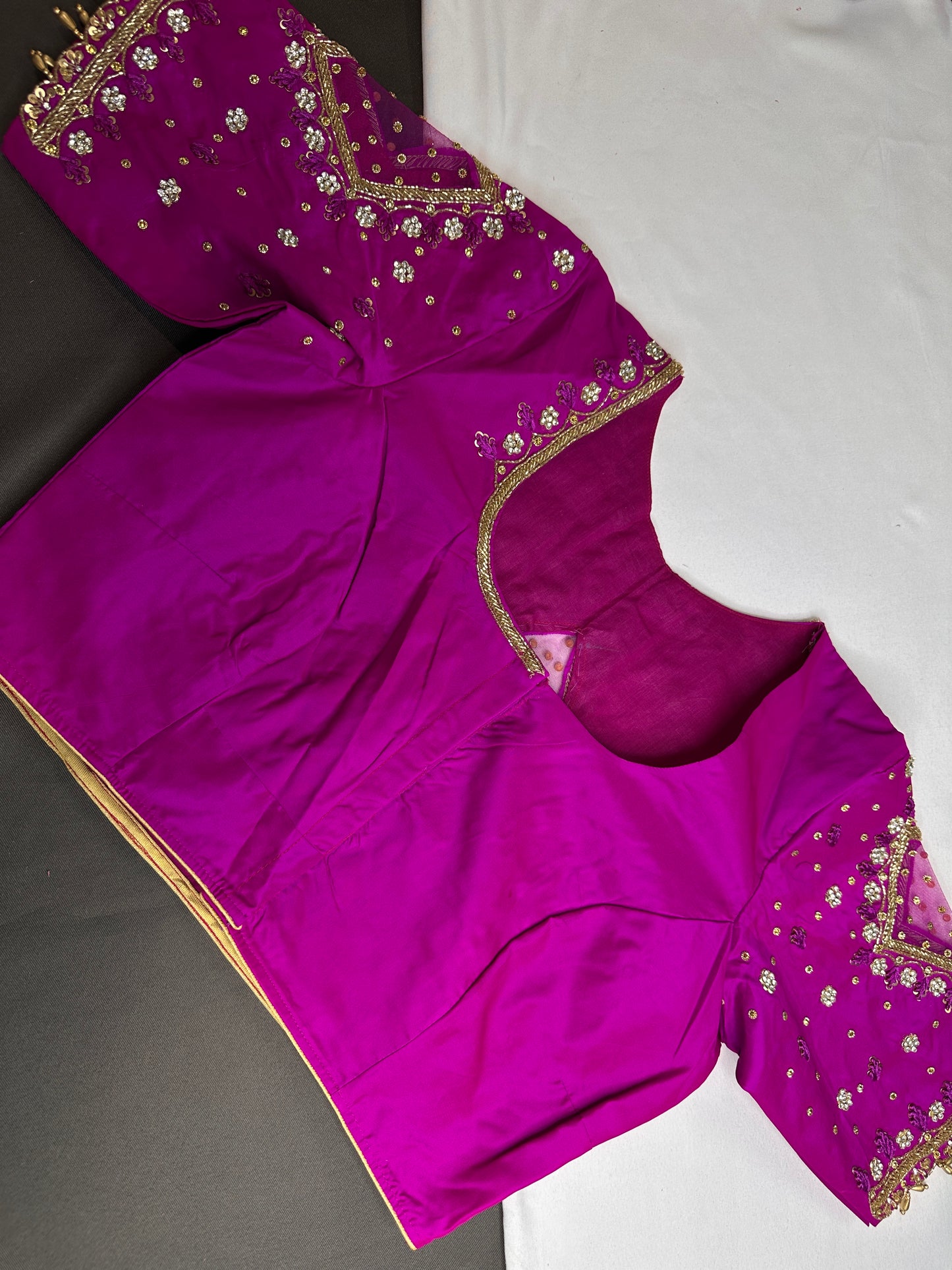 Magenta Pink Net Silk Maggam Aari Blouse - 