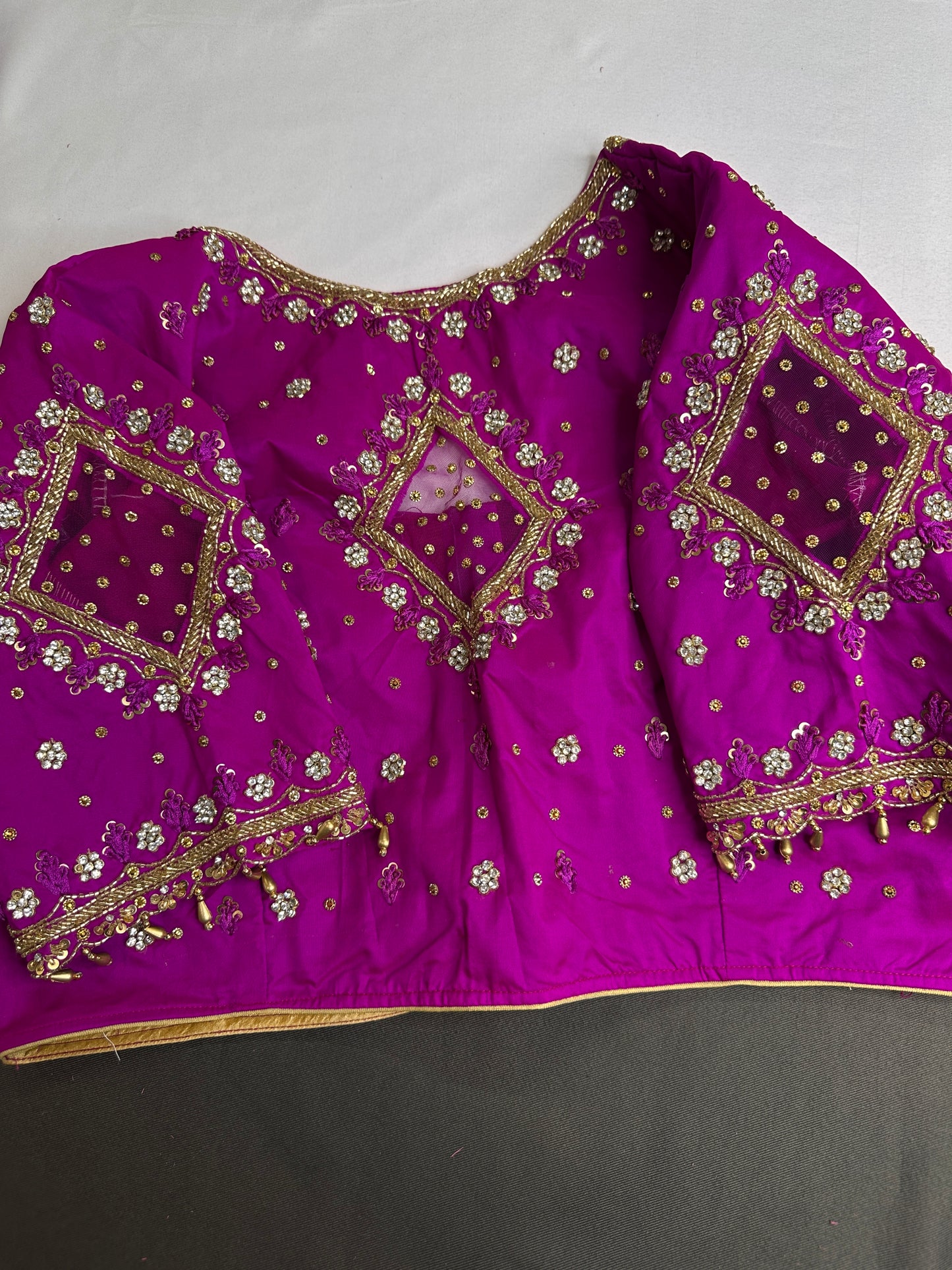 Magenta Pink Net Silk Maggam Aari Blouse - 