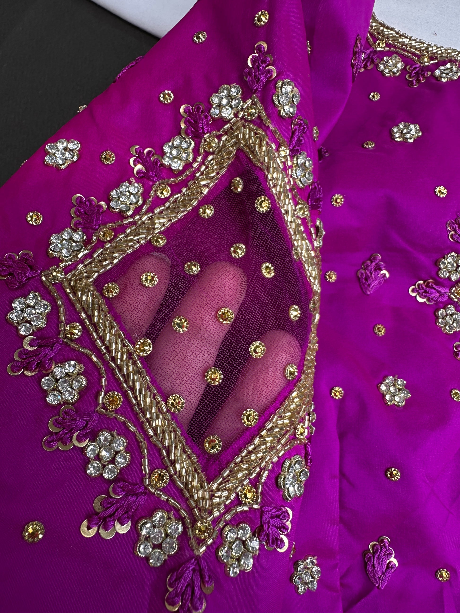 Magenta Pink Net Silk Maggam Aari Blouse - 