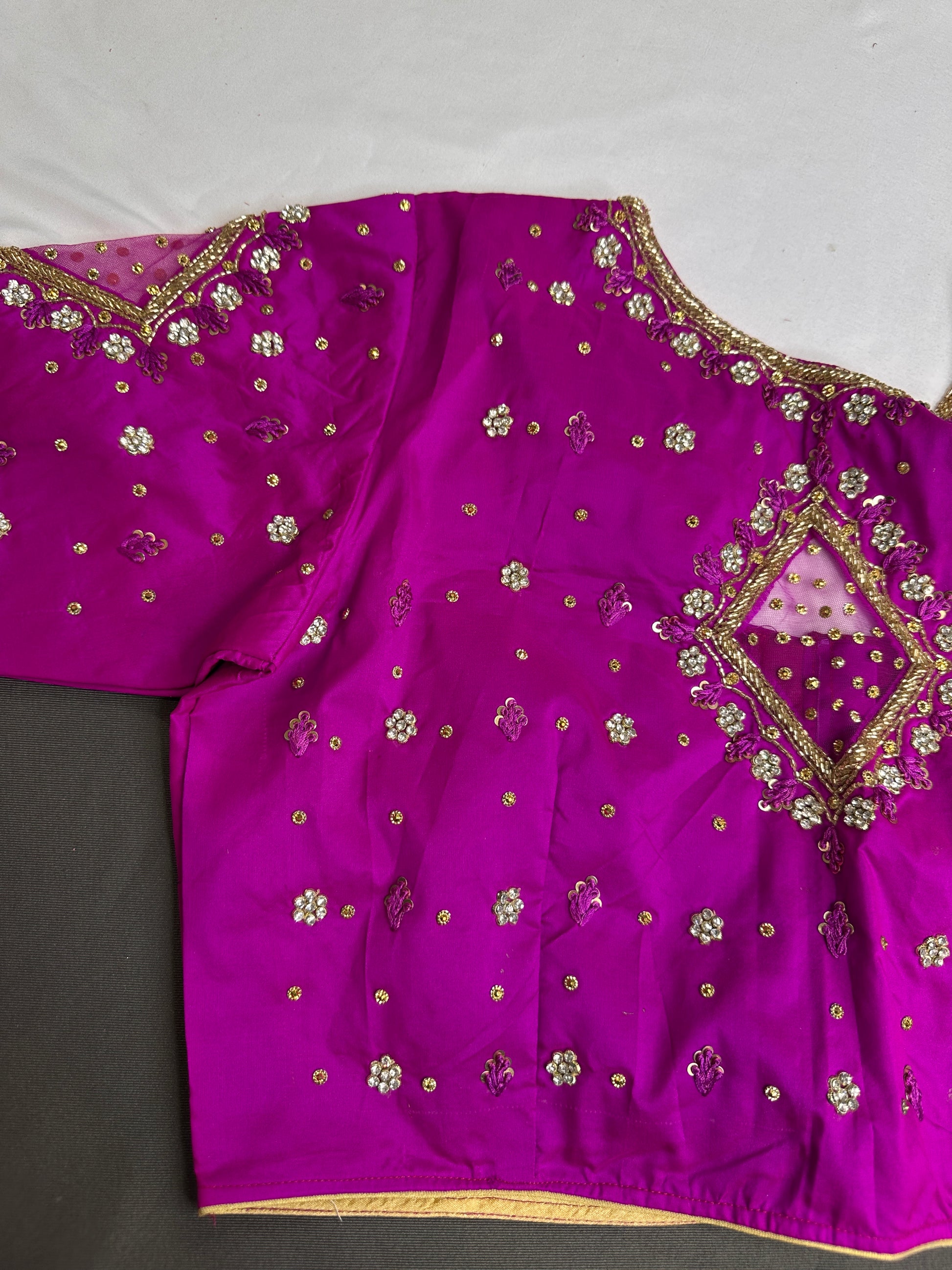 Magenta Pink Net Silk Maggam Aari Blouse - 
