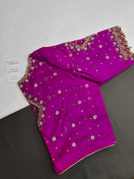 Magenta Pink Net Silk Maggam Aari Blouse - 