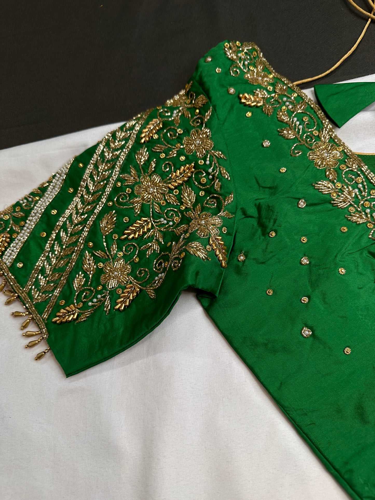 Green Pattu Silk Maggam Aari Blouse - 