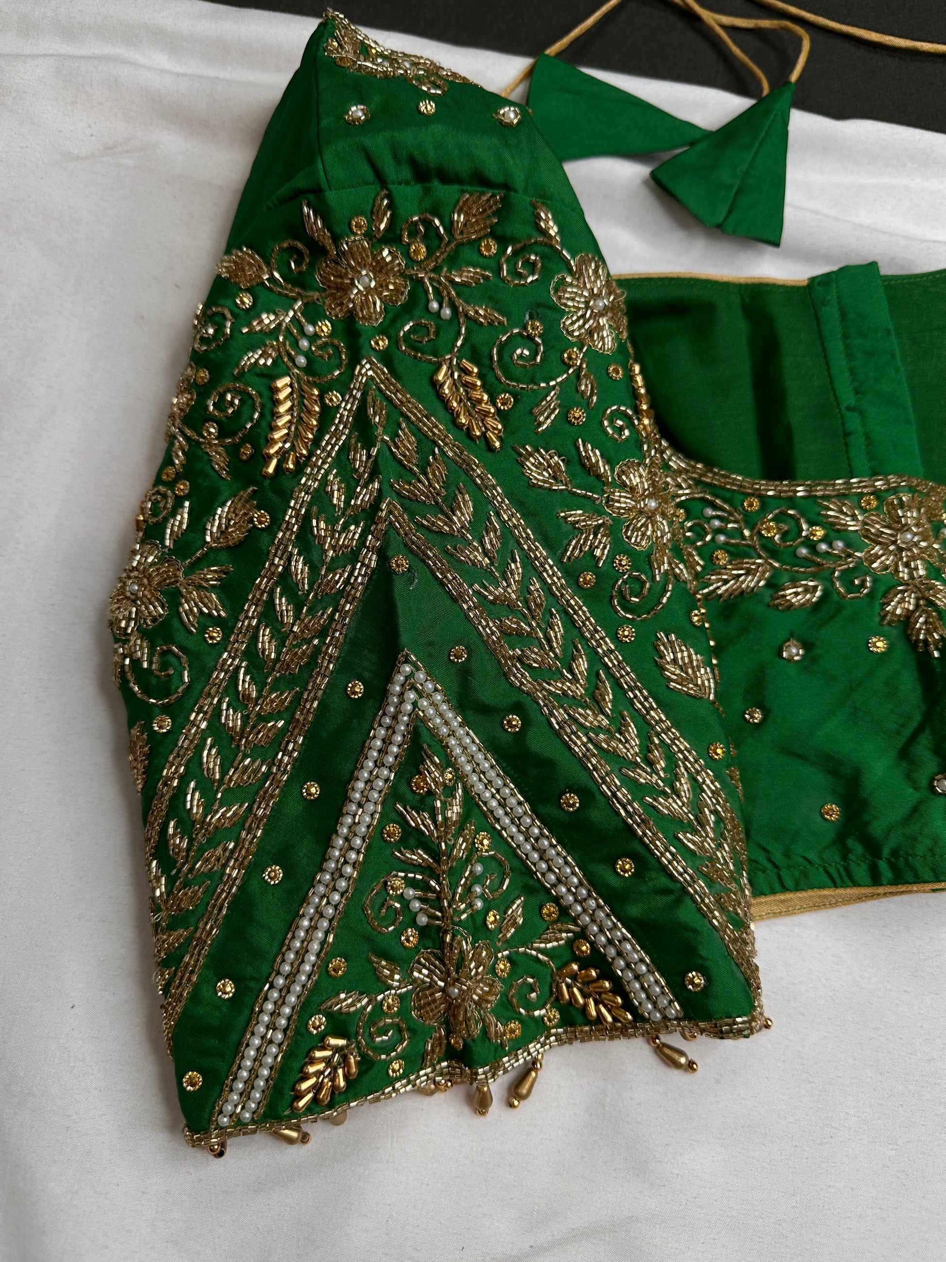 Green Pattu Silk Maggam Aari Blouse - 