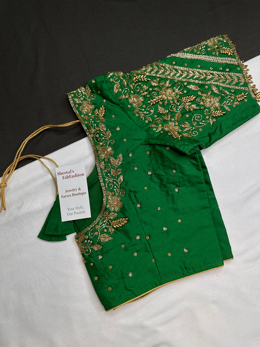 Green Pattu Silk Maggam Aari Blouse - 