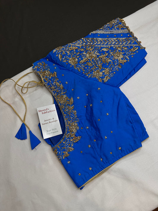 Blue Pattu Silk Maggam Aari Blouse - 