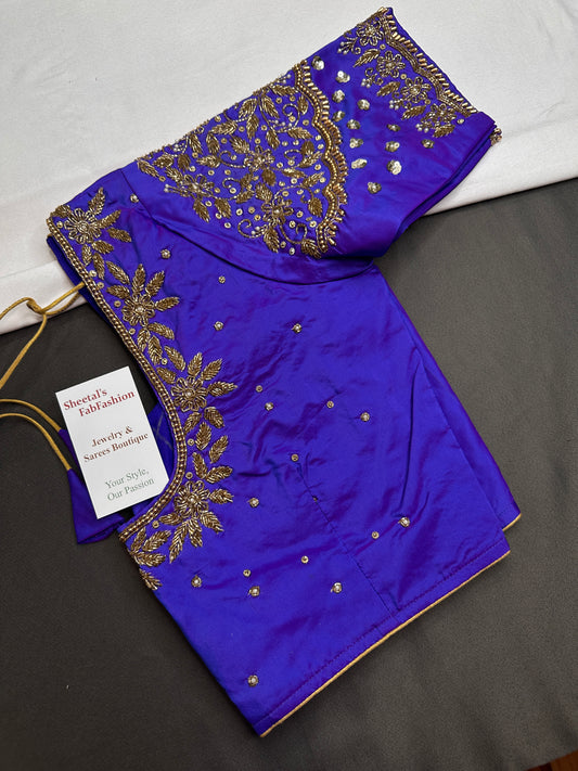 Blue Pattu Silk Maggam Aari Blouse - 
