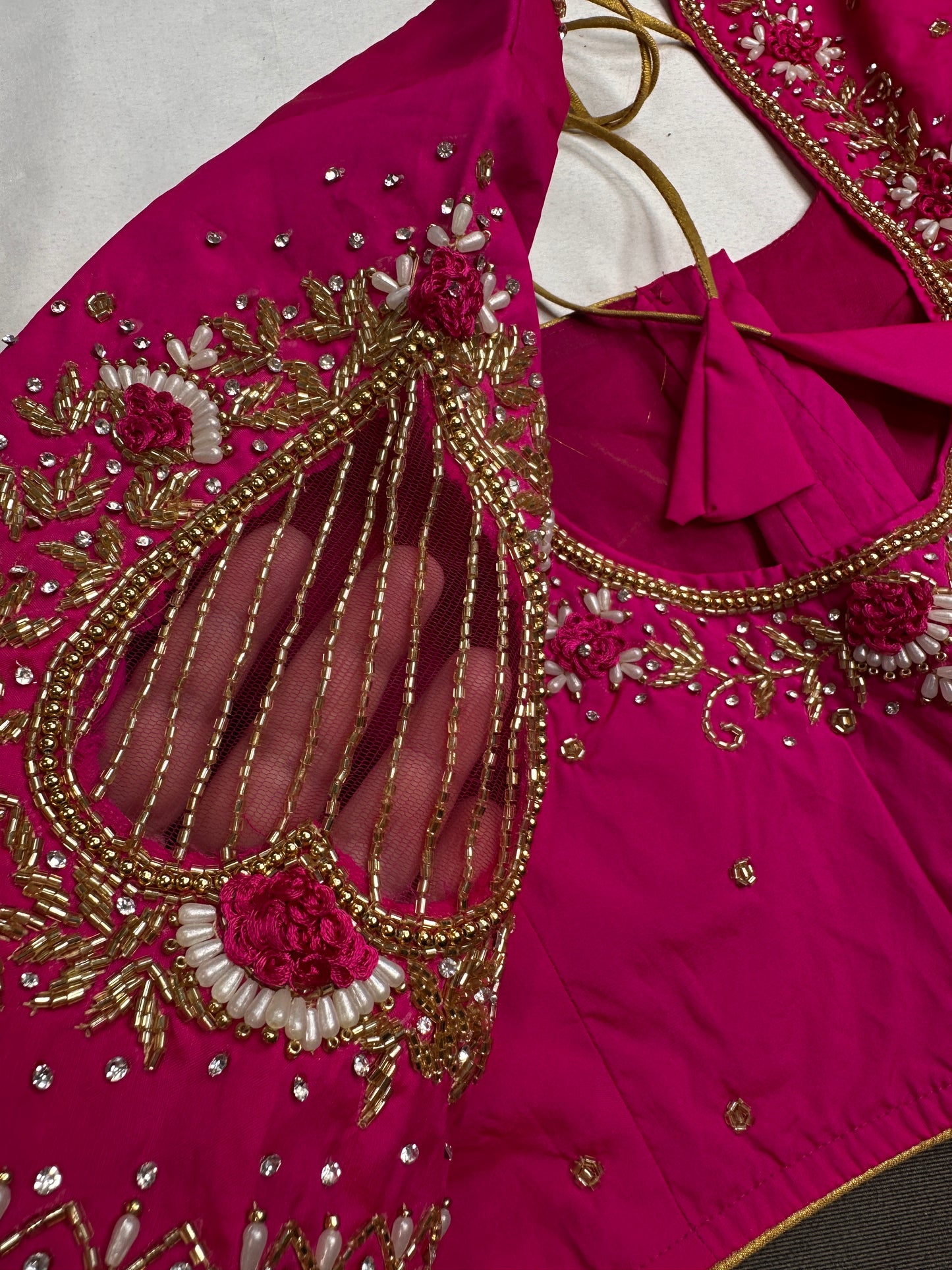 Pink Net Silk Maggam Aari Blouse - 
