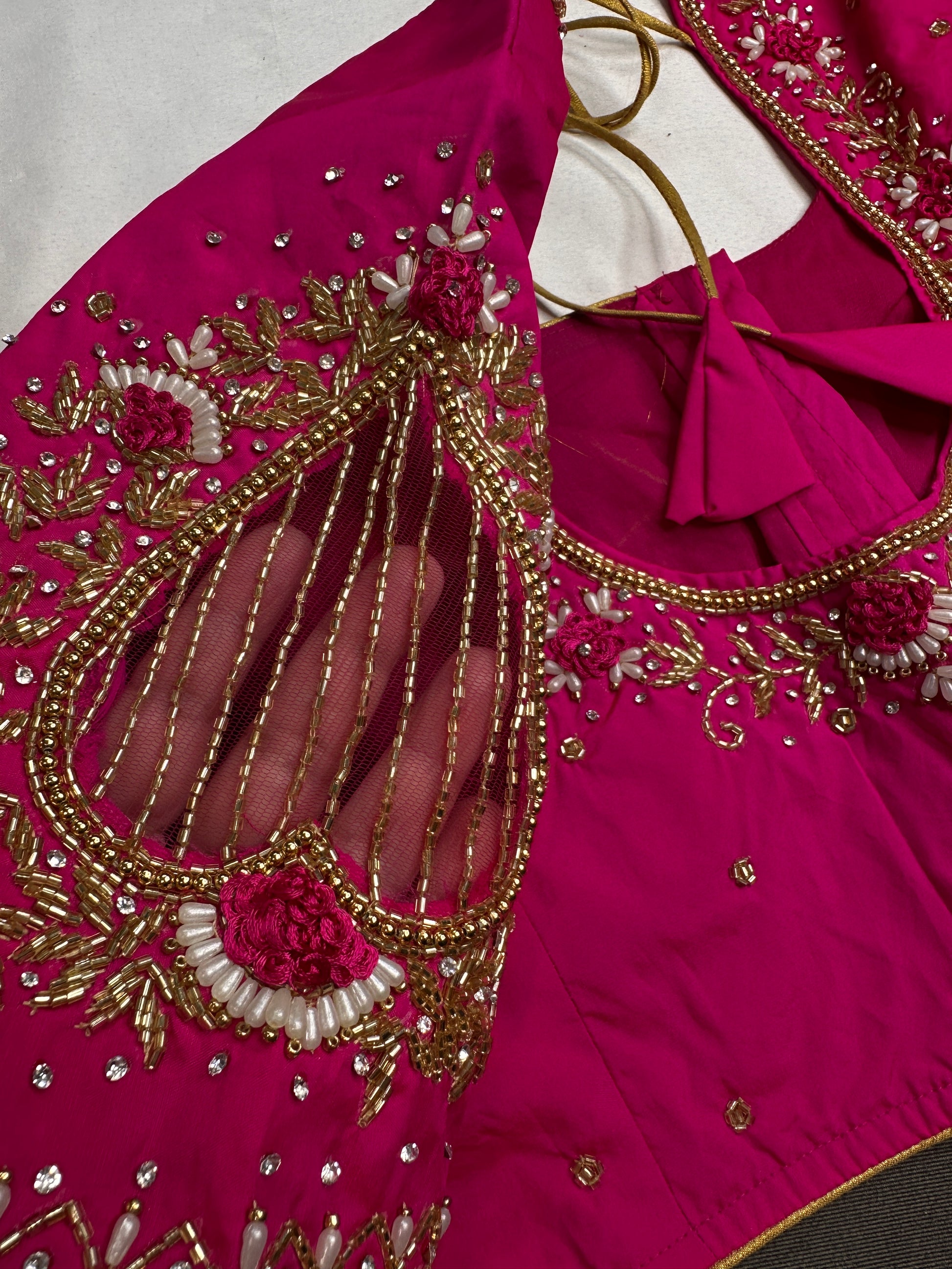 Pink Net Silk Maggam Aari Blouse - 