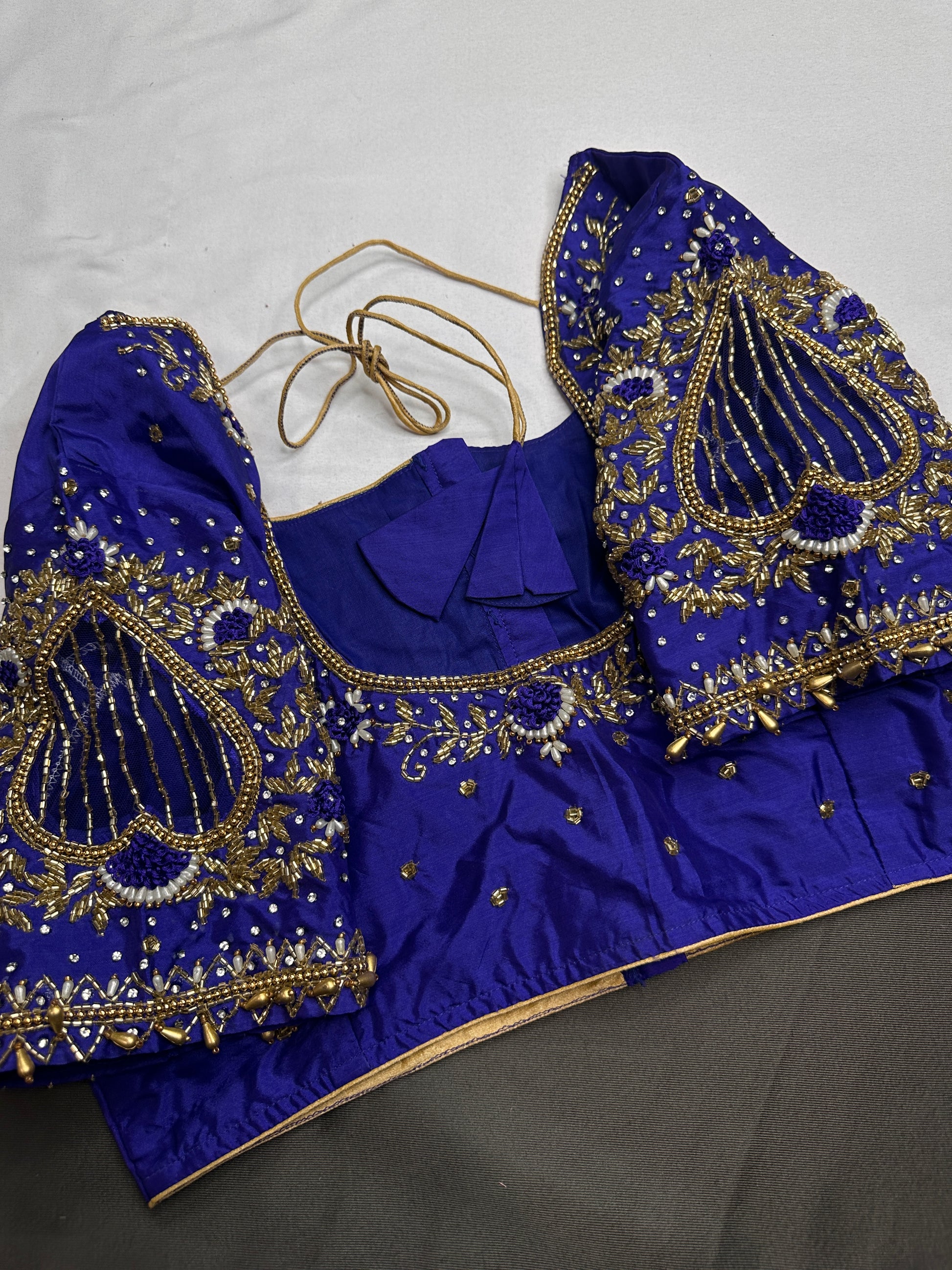 Blue Net Silk Maggam Aari Blouse - 