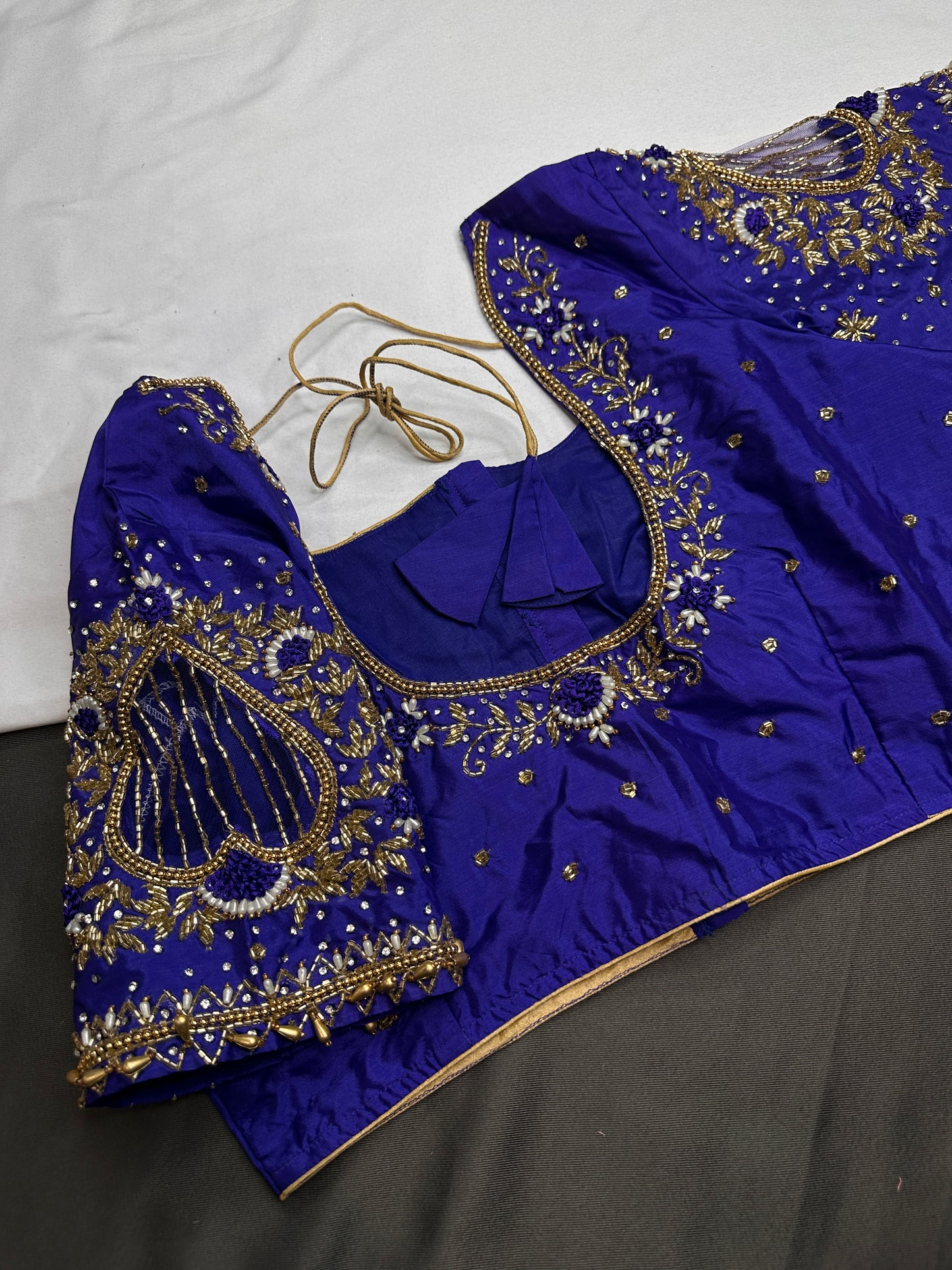 Blue Net Silk Maggam Aari Blouse - 