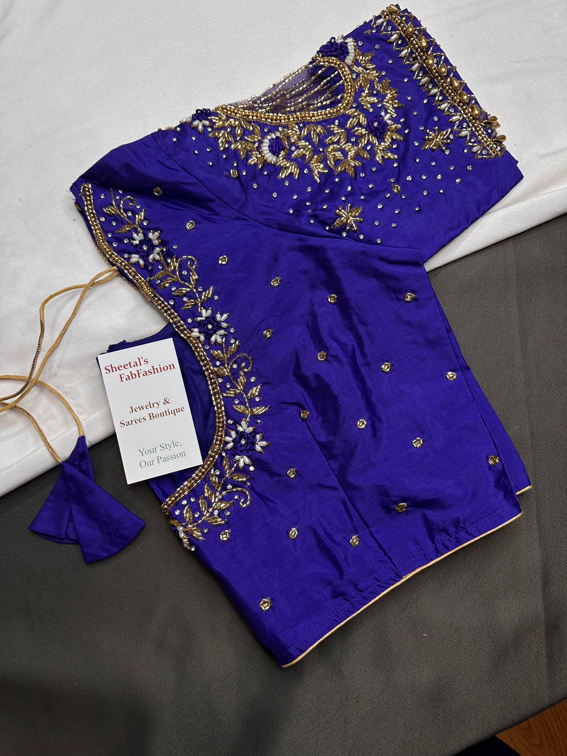 Blue Net Silk Maggam Aari Blouse - 