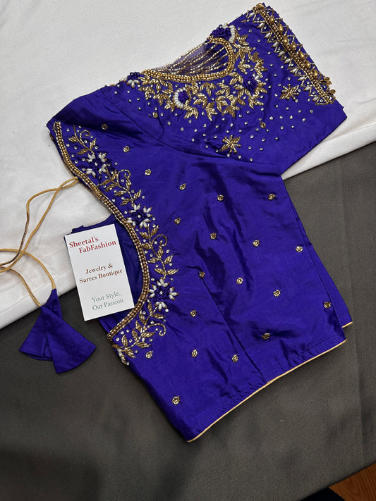 Blue Net Silk Maggam Aari Blouse - 