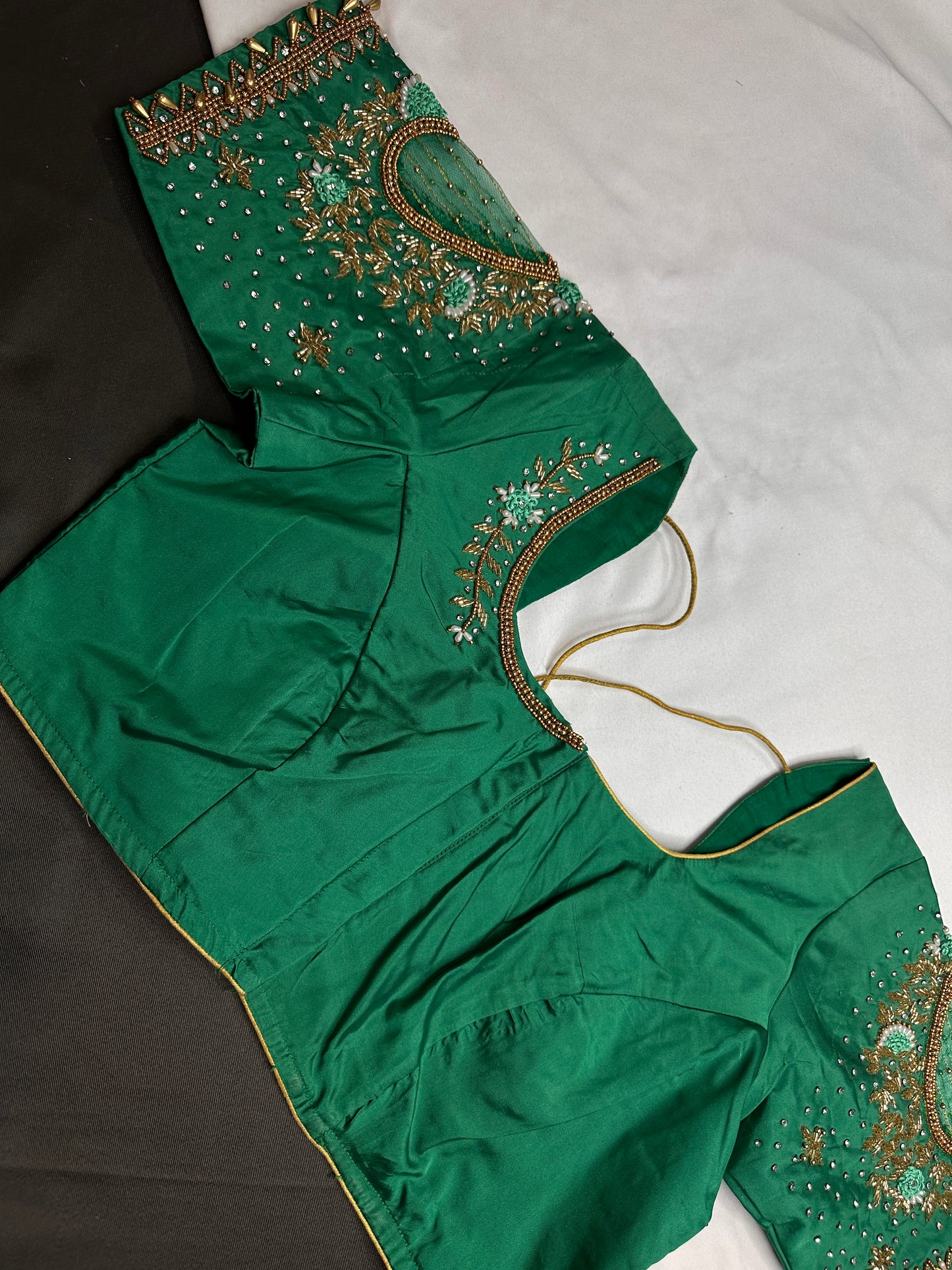 Green Net Silk Maggam Aari Blouse - 