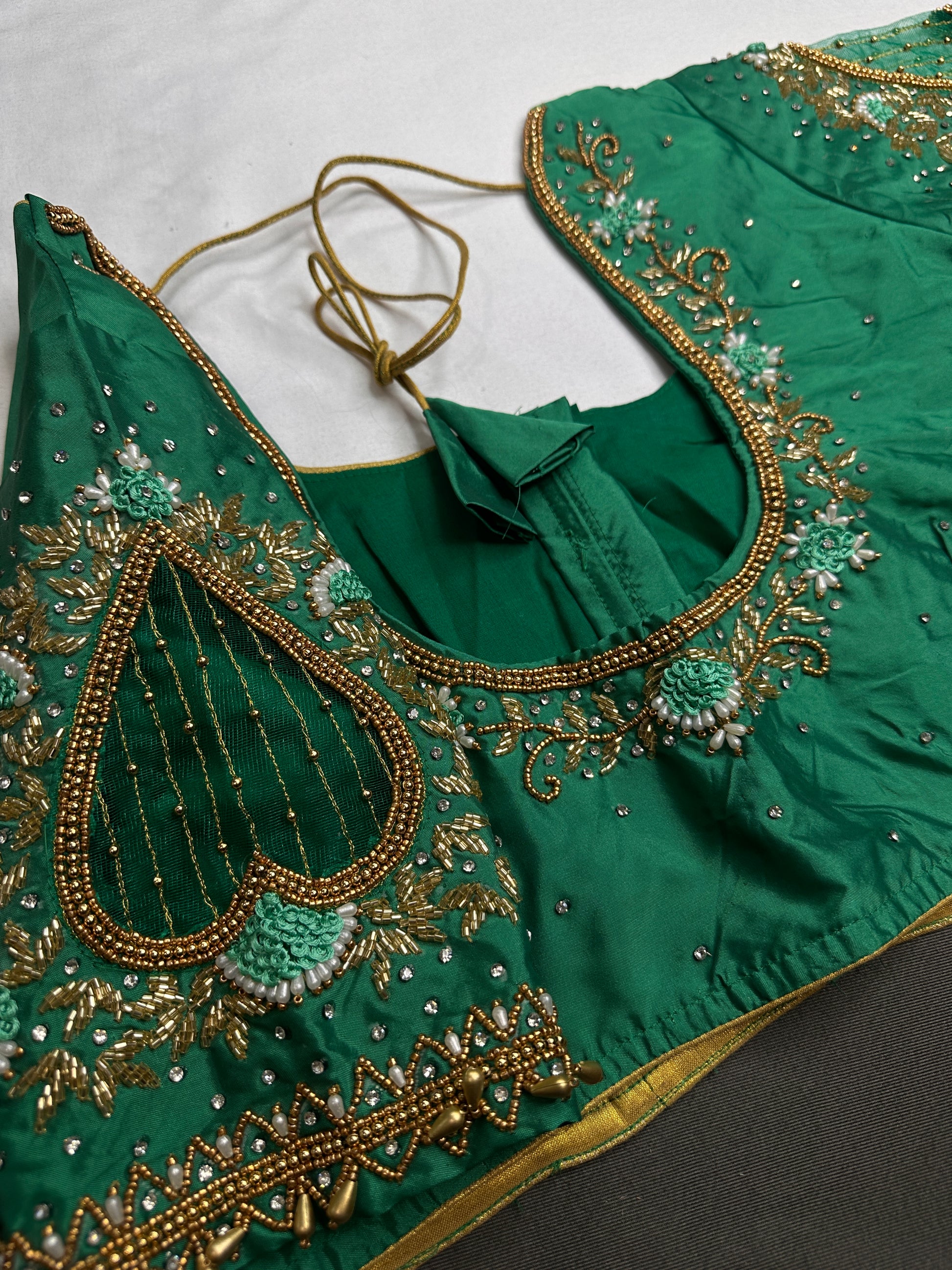 Green Net Silk Maggam Aari Blouse - 
