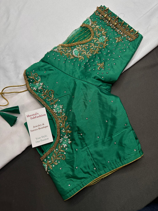 Green Net Silk Maggam Aari Blouse - 