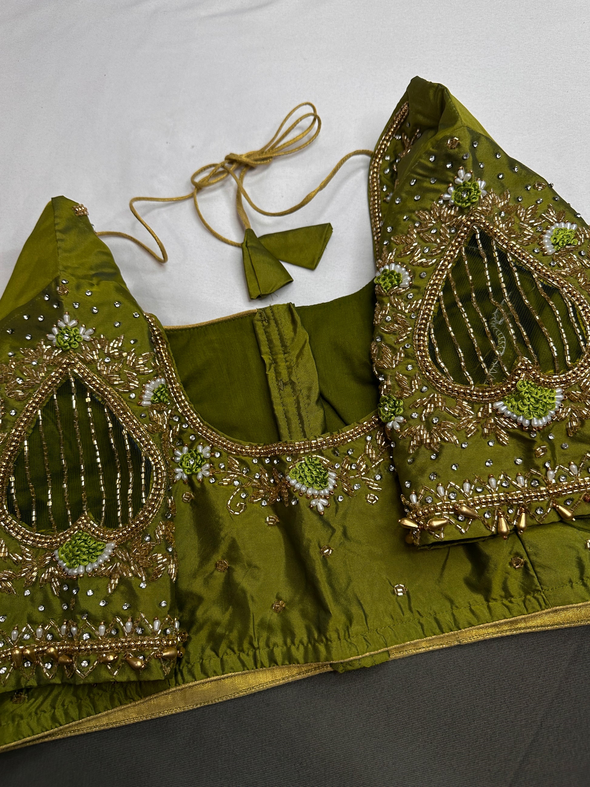 Green Net Silk Maggam Aari Blouse - 
