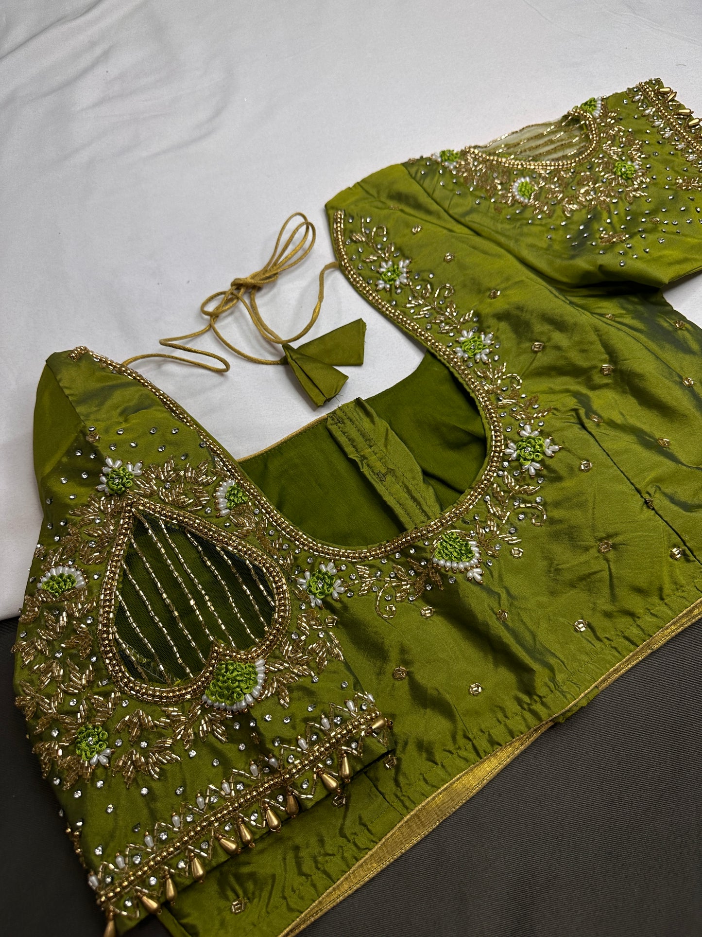 Green Net Silk Maggam Aari Blouse - 