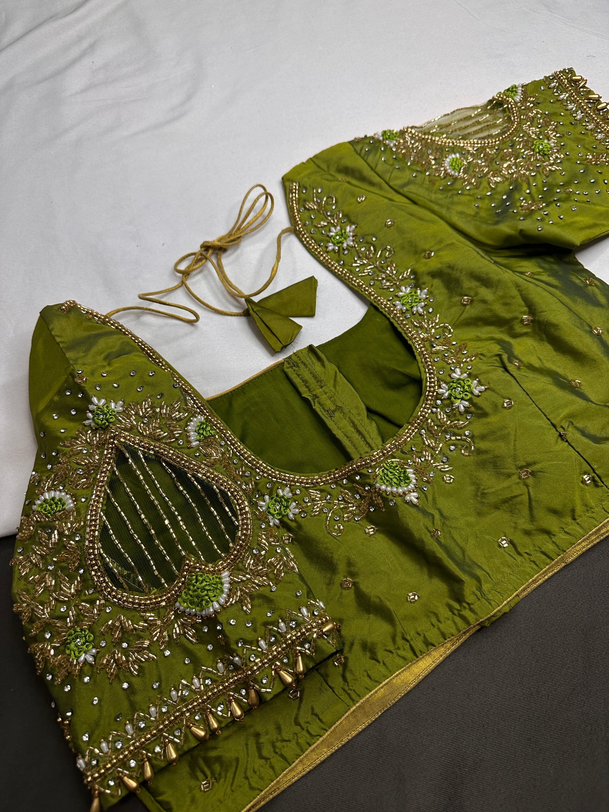 Green Net Silk Maggam Aari Blouse - 