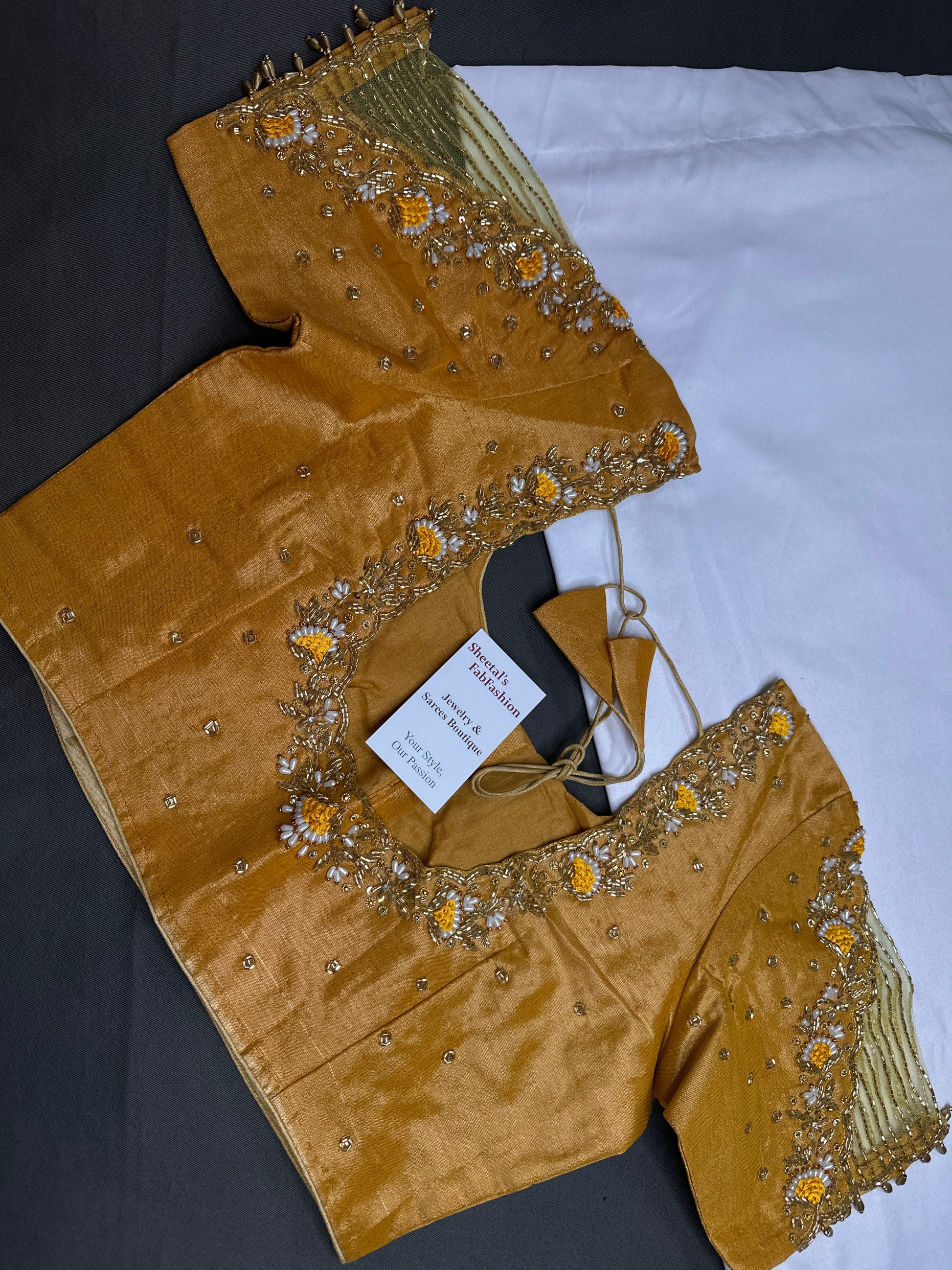 Tissue Silk Golden Yellow Maggam Pearl Net Blouse - 