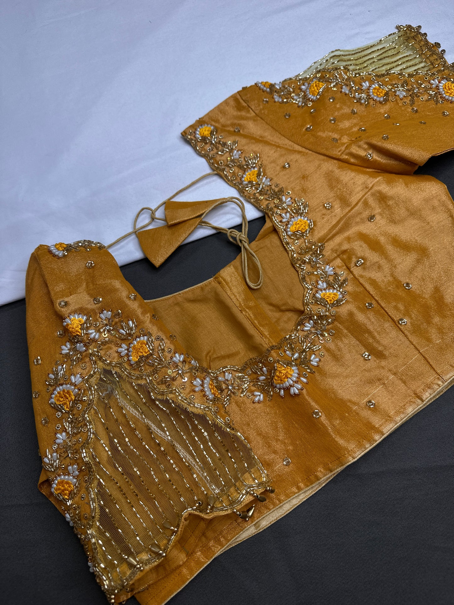 Tissue Silk Golden Yellow Maggam Pearl Net Blouse - 