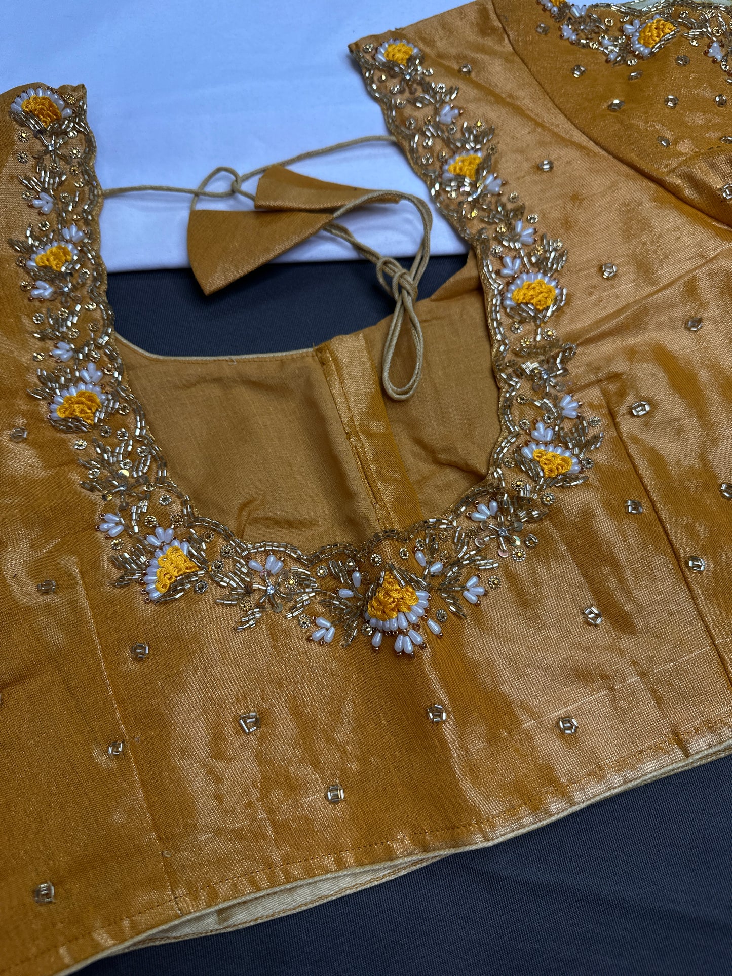 Tissue Silk Golden Yellow Maggam Pearl Net Blouse - 