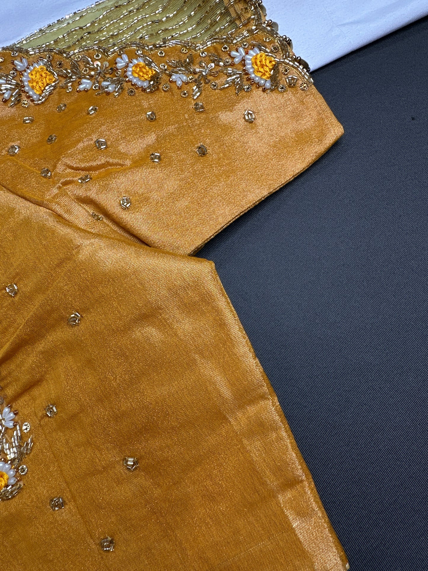 Tissue Silk Golden Yellow Maggam Pearl Net Blouse - 
