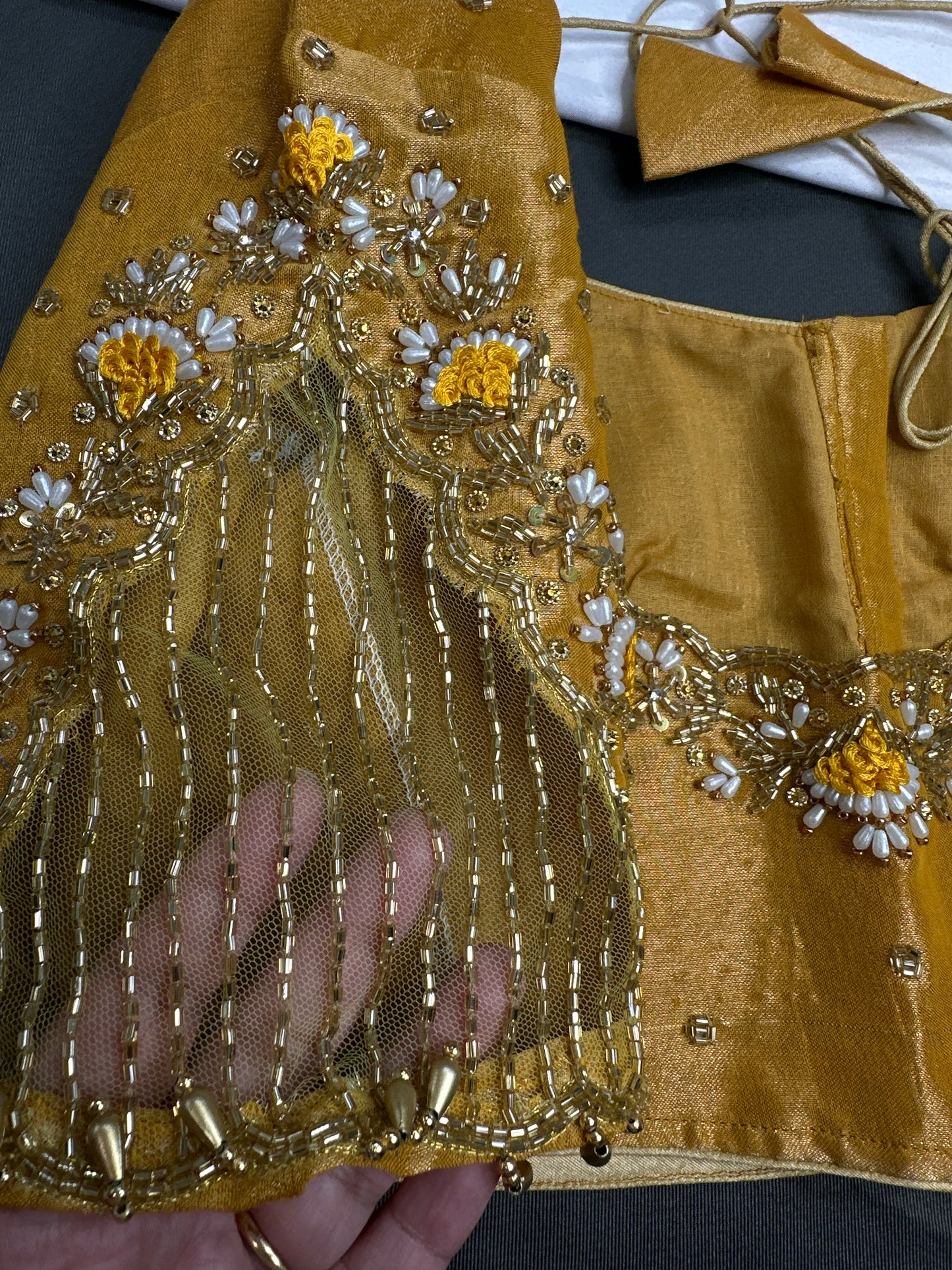 Tissue Silk Golden Yellow Maggam Pearl Net Blouse - 