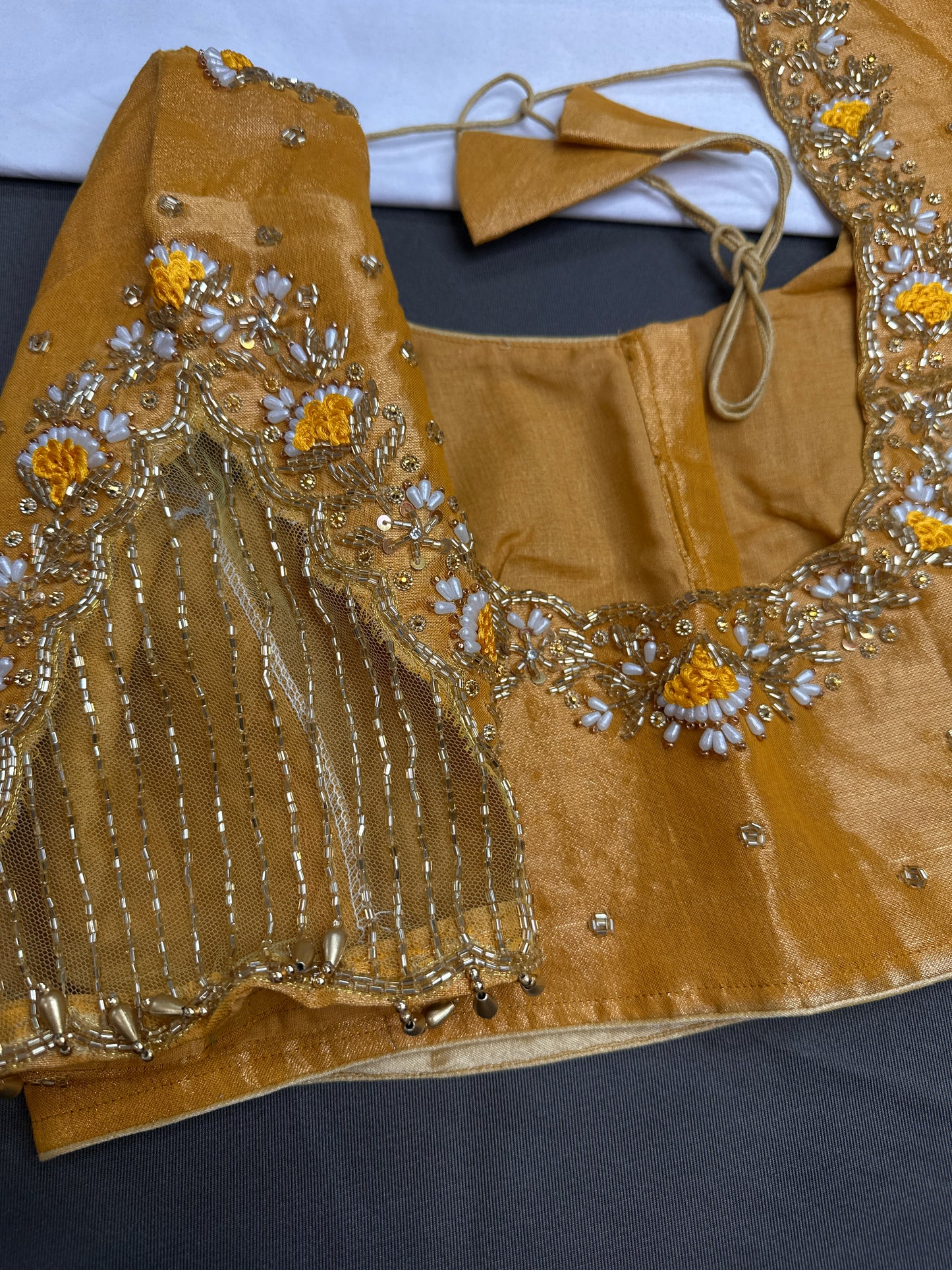 Tissue Silk Golden Yellow Maggam Pearl Net Blouse - 