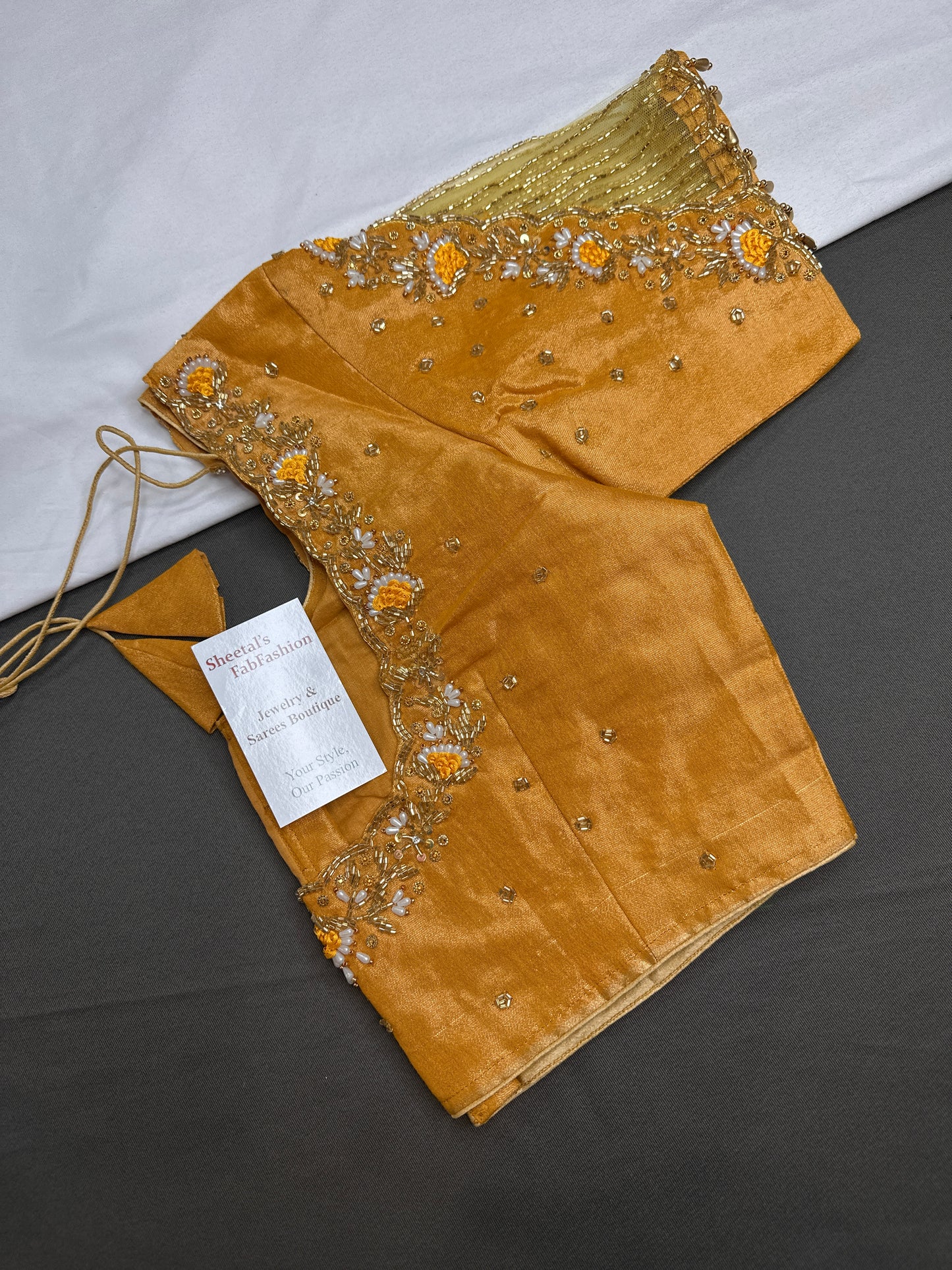 Tissue Silk Golden Yellow Maggam Pearl Net Blouse - 