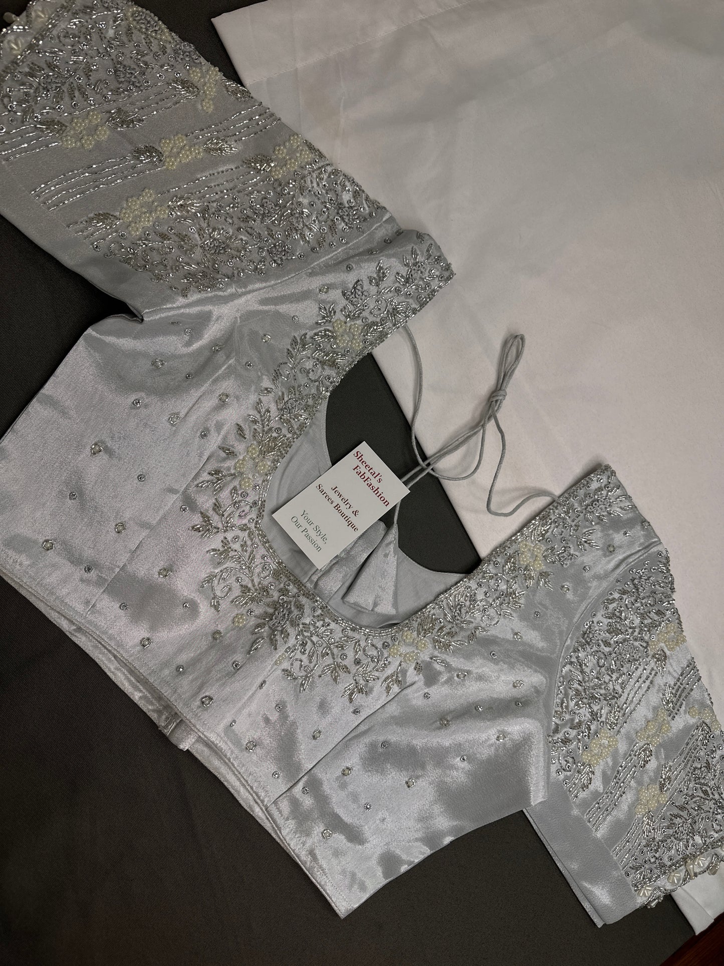 Silver Silk Maggam Aari Pearl Work Blouse - 