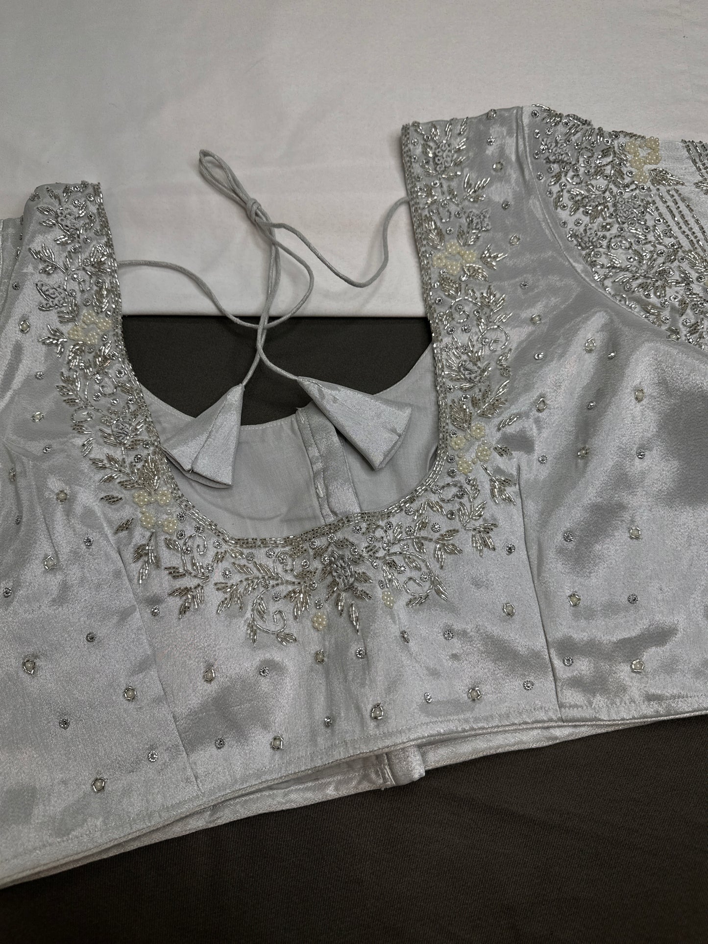 Silver Silk Maggam Aari Pearl Work Blouse - 