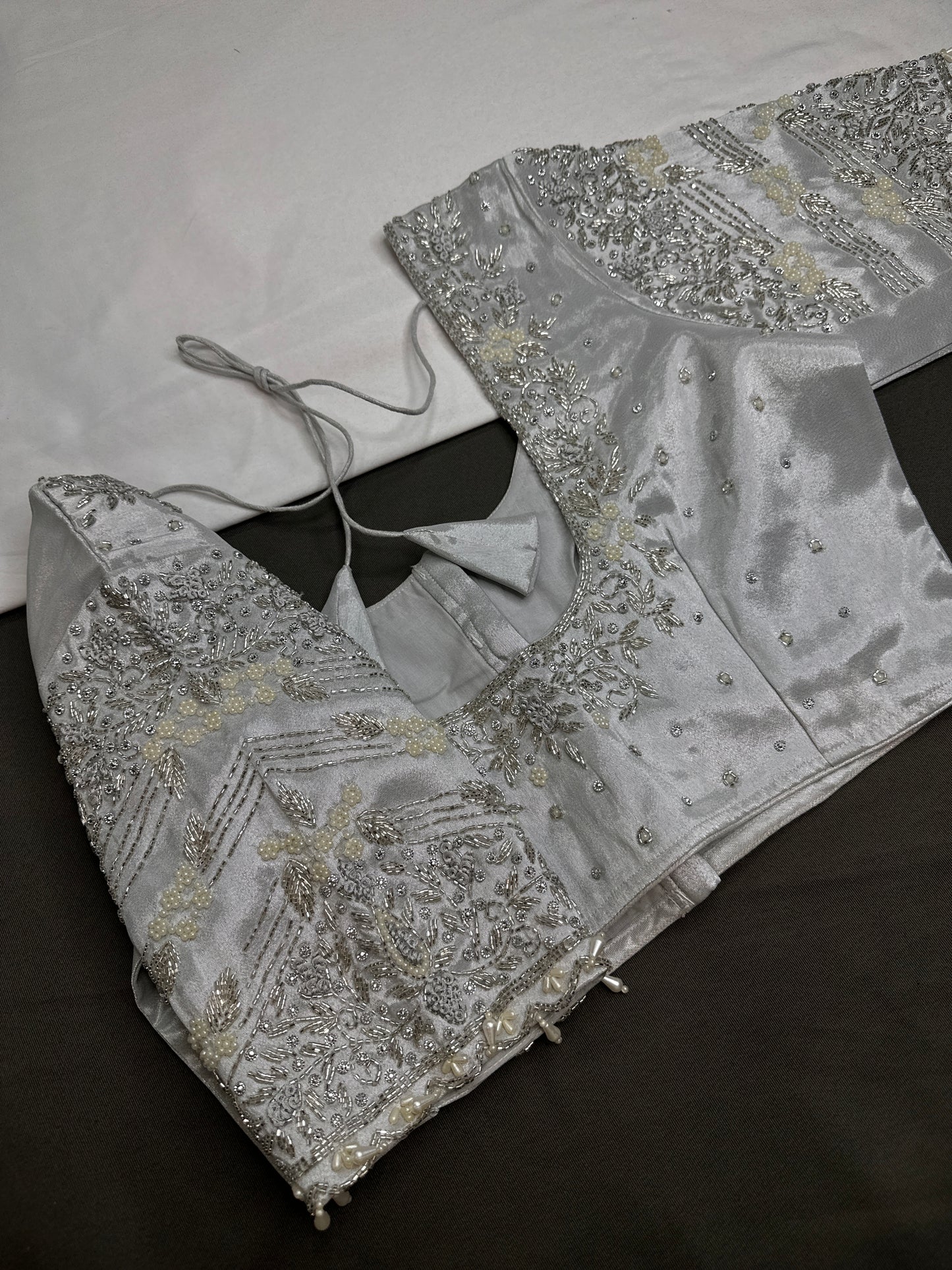 Silver Silk Maggam Aari Pearl Work Blouse - 